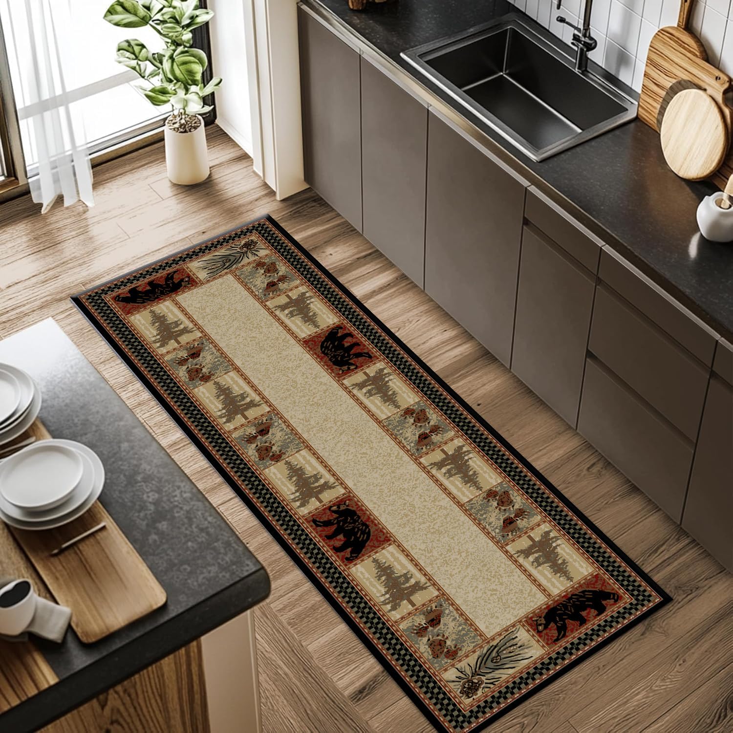 Bear Rugs for Rustic, 2x10ft,Maple Pine Cone Forest Cabin Rugs,Washable Farmhouse Lodge Geometric Splicing Design Hallway Rug, for Entrance Kitchen Runner Carpet with Non Slip Backing