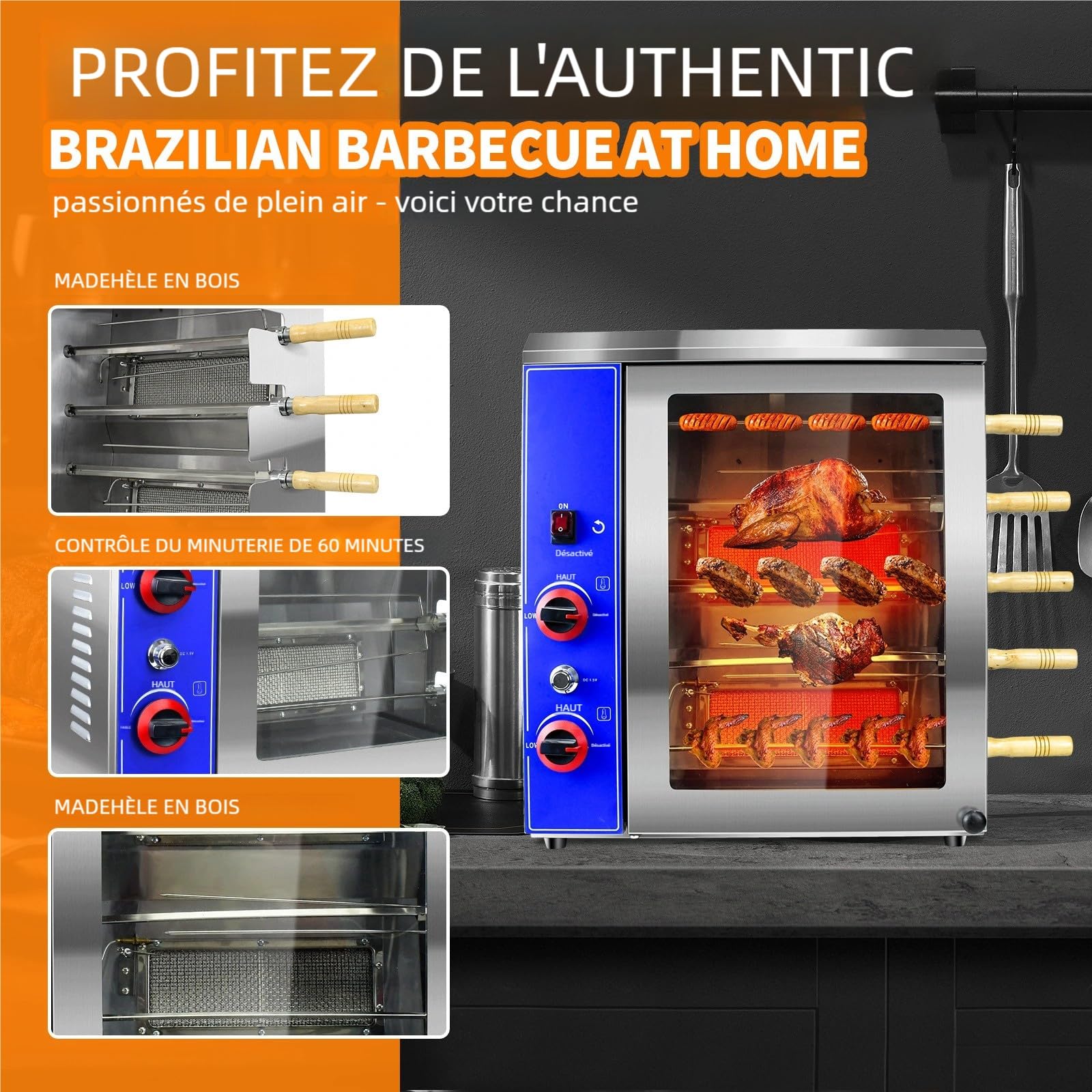 Rôtissoire à Poulet Professionnelle au Gaz – Four Rotatif Commercial Multi-Broches en Inox, Churrasco Brésilien, Idéal Restaurant et Traiteur
