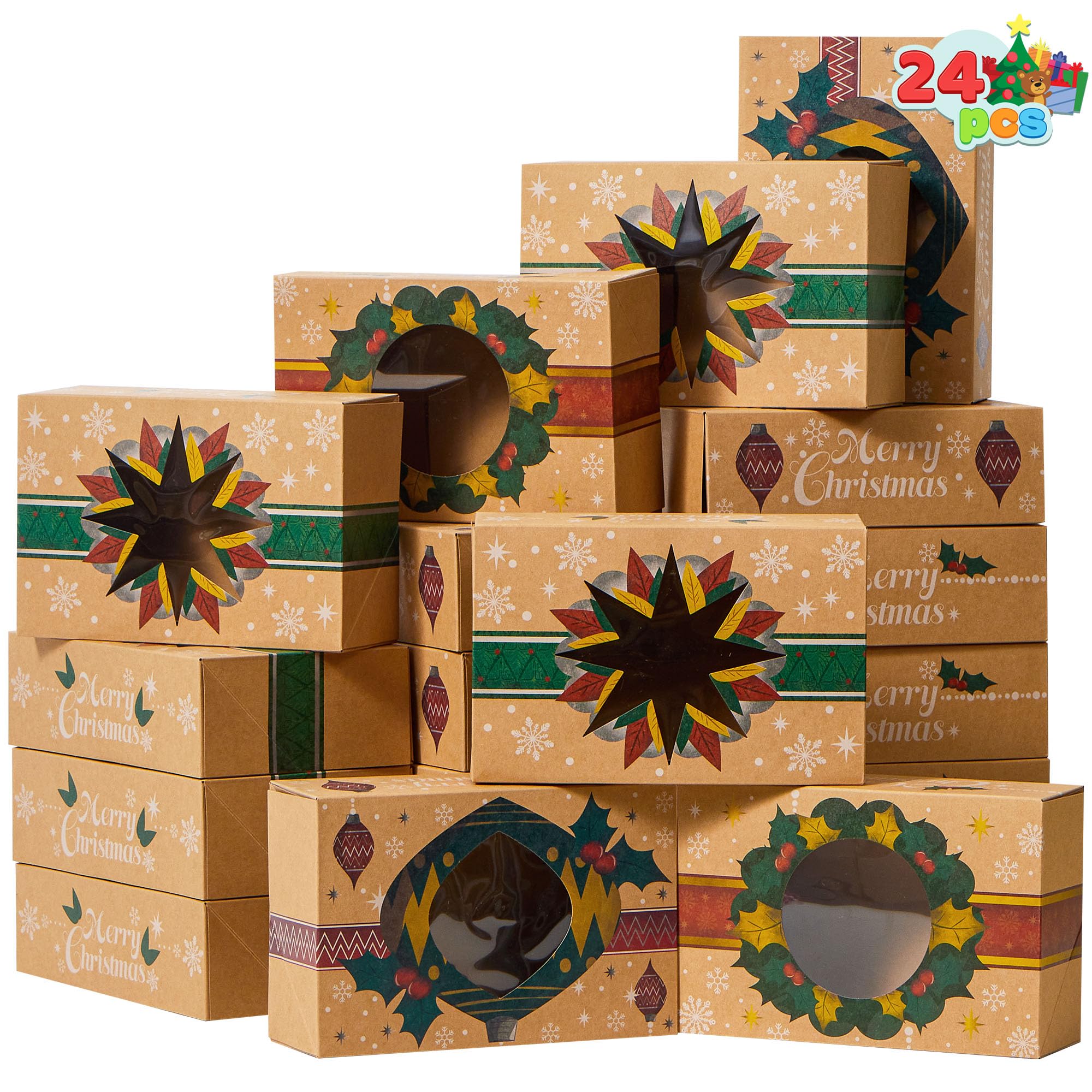 JOYIN 24 Scatole di biscotti natalizi kraft kraft con finestra 8,5 "x 5,75" x 2,75 ", tratta scatole con 3 disegni per pasticcini, cupcakes, brownies, regalo, ciambella e biscotti