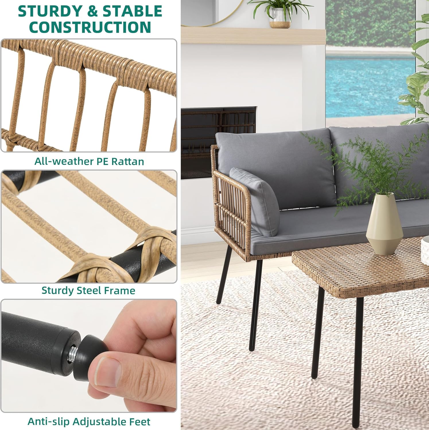 YITAHOME 4 Pieces Sectional Sofa Couch, L-Shaped Sofa with 5 Seater for Living Room, Detachable Lounger with Thickness Cushions and Side Table - Grey