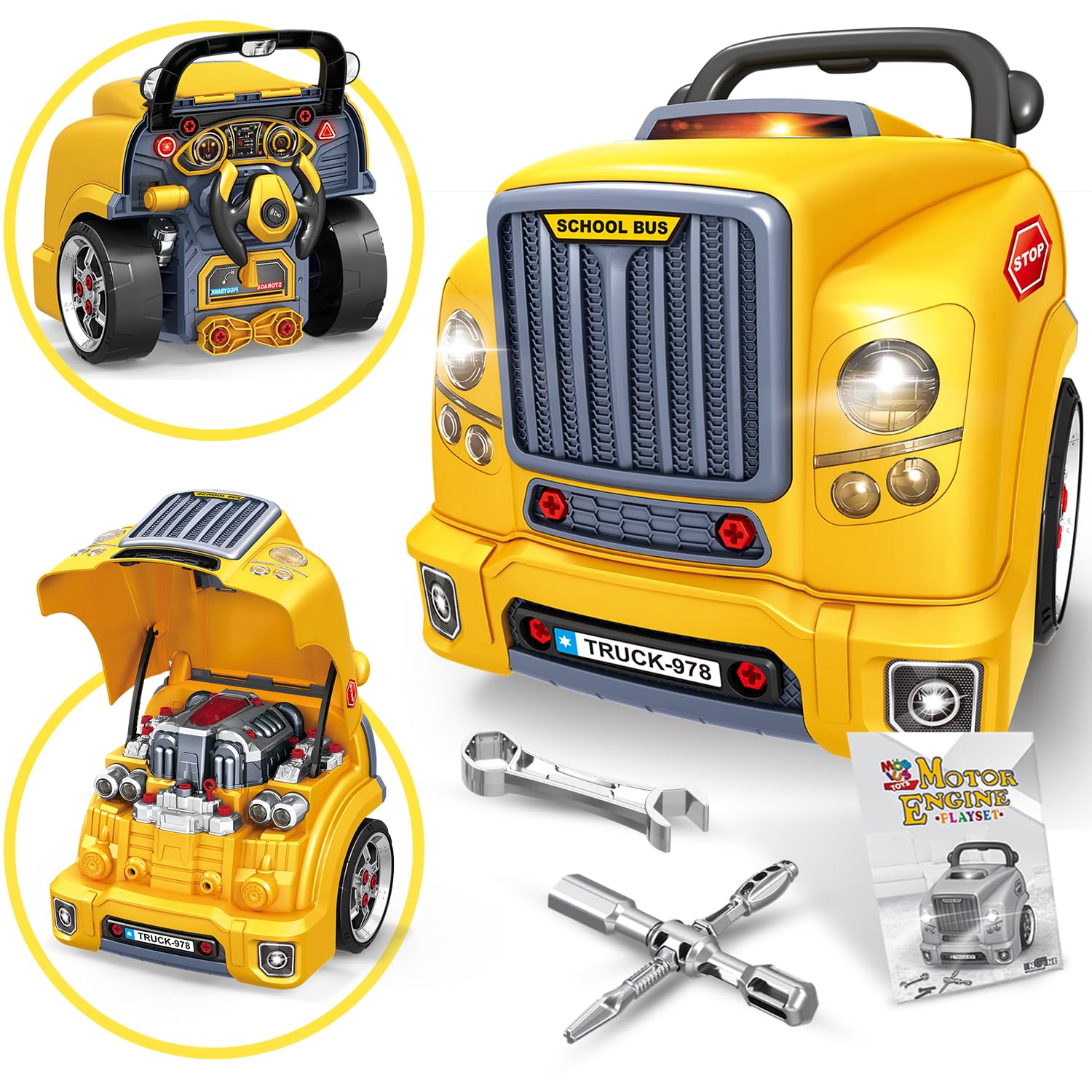 MOBIUS Toys Motor Engine Playset - Large Truck Mechanic Build & Repair Toy with Lights, Sounds & Tools - Educational Take Apart Engine Model for Kids Ages 3-7 - STEM Learning Gift, Yellow Edition