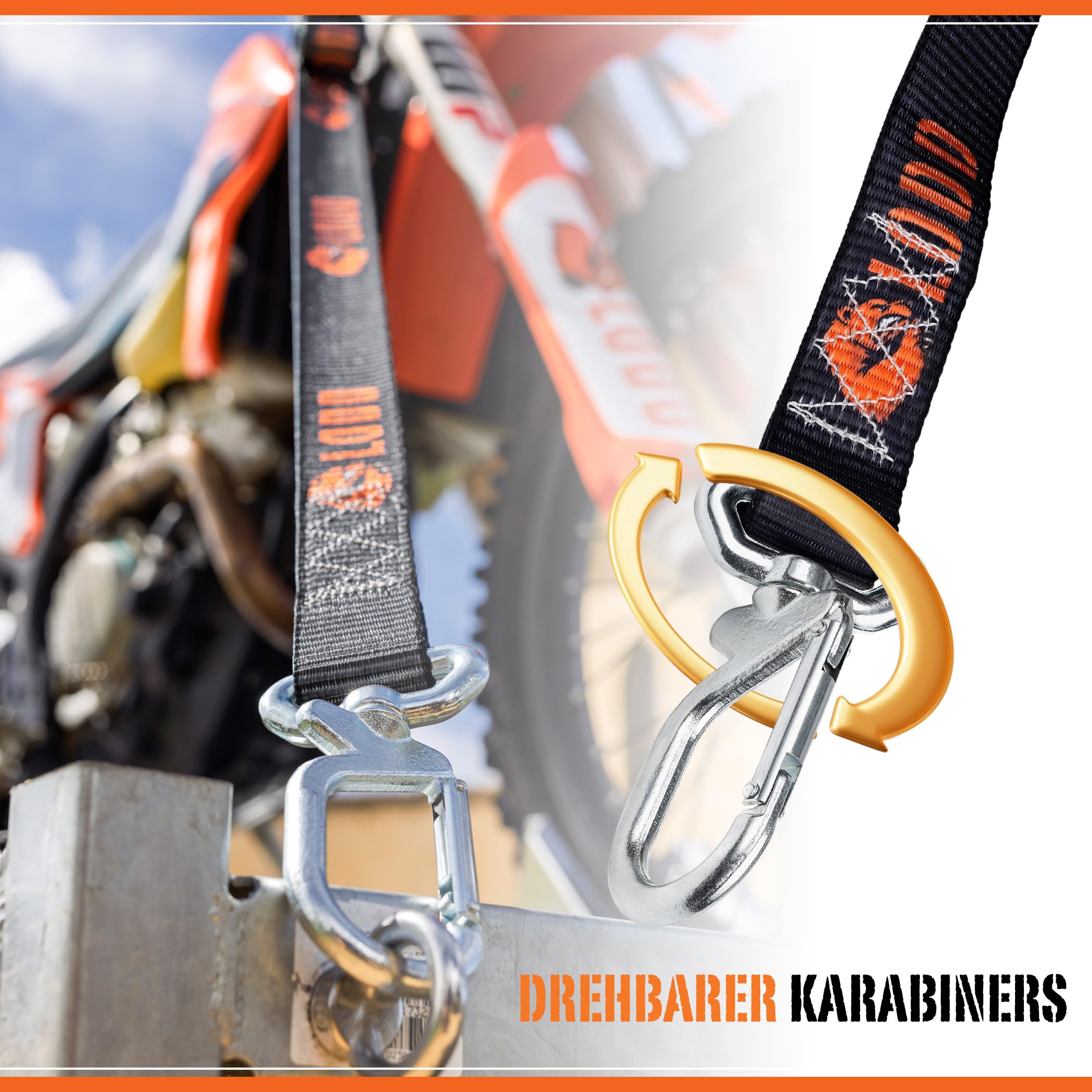 LODD - Motorrad-Spanngurte mit Hochfesten Schnallen, Fellschutz, Stahlkarabiner, Verstärkter Schnalle | 1100 kg, 38mm | Anhänger (Parent) (Schnalle/Drehkarabiner)