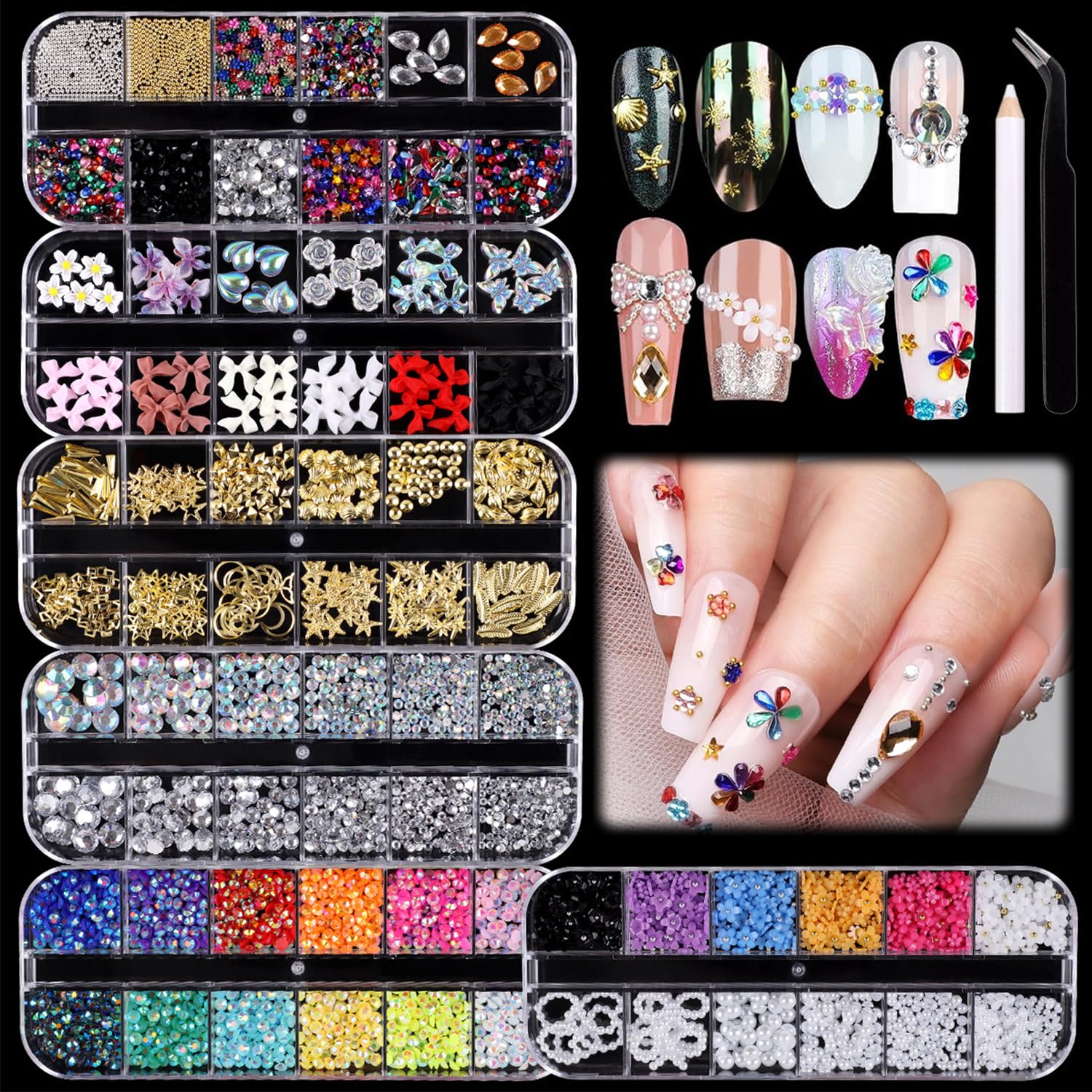 3500 Pièces Strass Ongle Nail Art, Bijoux Ongles Nail Art 3D Strass pour Ongle Avec Pince à Epiler et Stylo de Cueillette Strass Ongles pour Décoration de Ongle Visage Vêtements