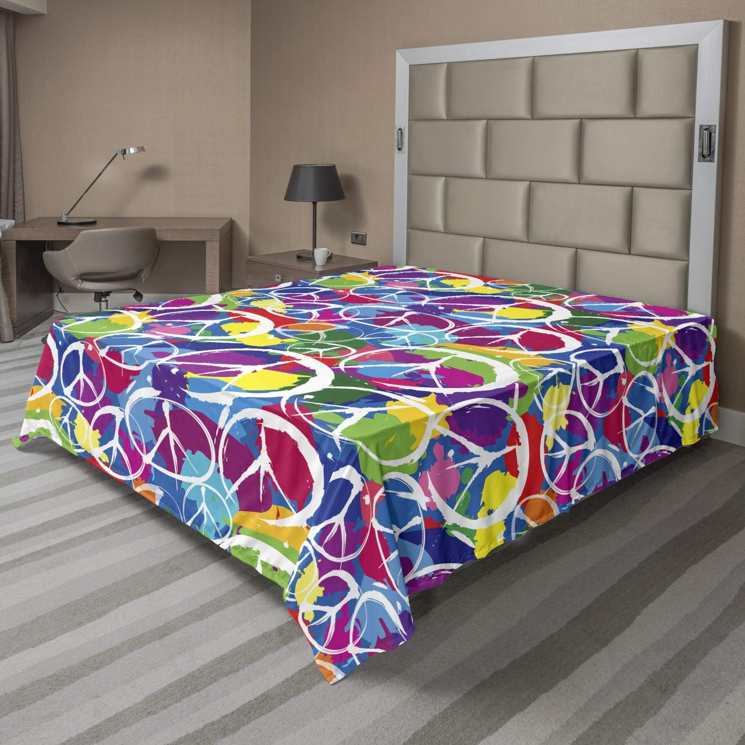 Ambesonne Retro Flat Sheet, Universal Peace Sign on Colorful Pop Art Style Background Pacifist Activism, Soft Comfortable Top Sheet Decorative Bedding 1 Piece, Queen Size, Blue Purple