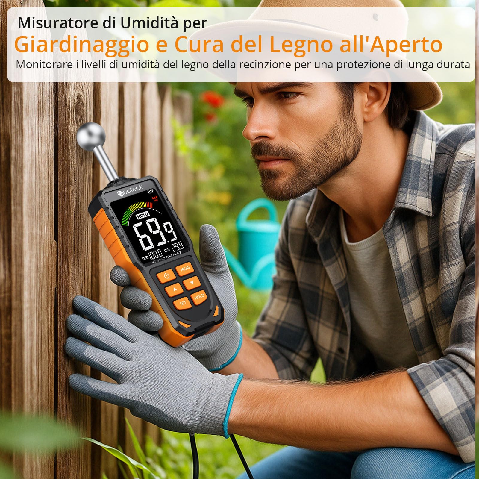 Neoteck Misuratore di Umidità Legno Ricaricabile, 5-40 mm di Profondità di Analisi Misuratore di Umidità Muri con Sonda con Schermo a Colori LCD e Allarme Umidità per Legno Intonaco Cemento Gesso