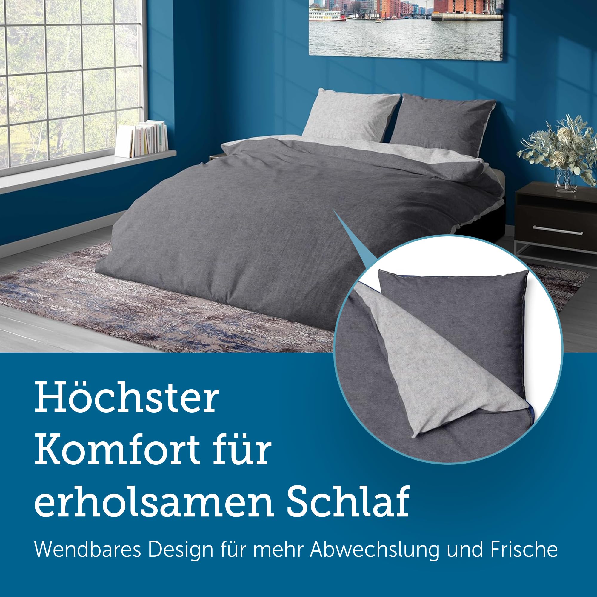 SETEX Wendebettwäsche 135x200 cm - 2-teiliges Bettwäsche-Set in ansprechendem Dunkelgrau-Hellgrau-Design, Inklusive Bettdeckenbezug und Kissenbezug (80x80 cm), Aus 90% Baumwolle/10% Polyester