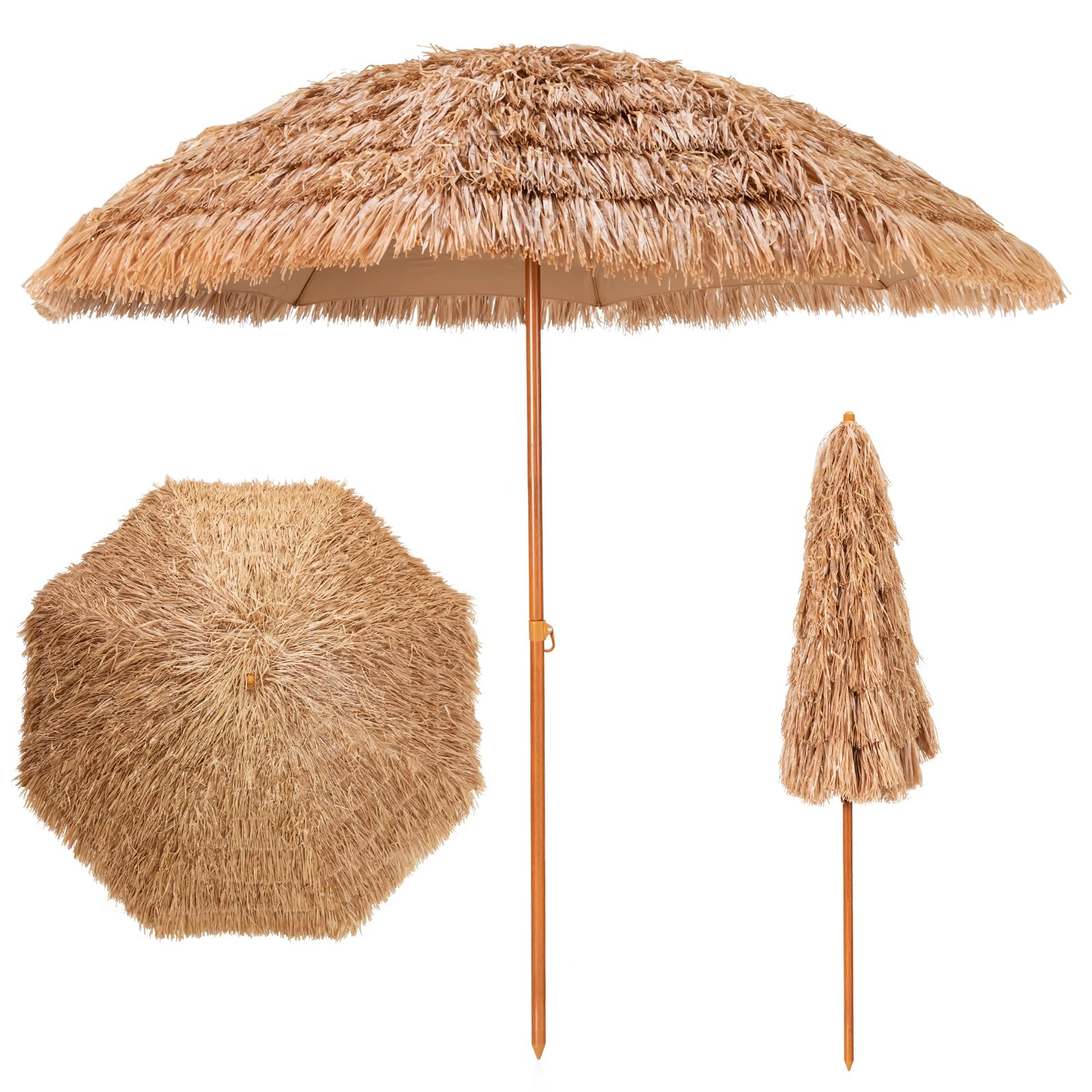 KOMFOTTEU Sombrilla de Playa de Paja PP, Sombrilla Hawaiana Ø 243 cm con 8 Costillas de Metal, Parasol Portátil con Botón de Presión para Jardín, Balcón, Terraza, Natural