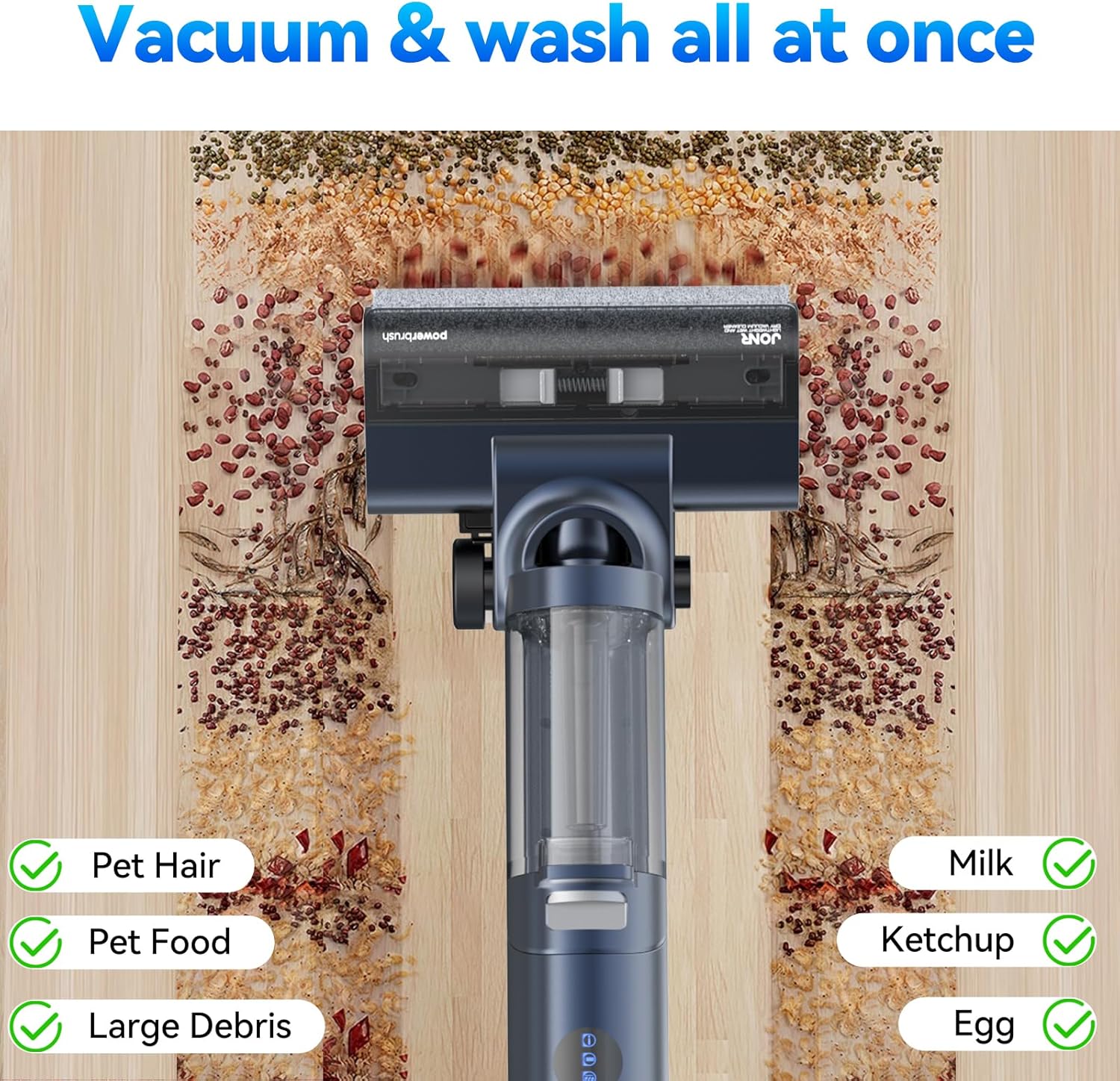 Vacuum and wash all at once, showing various types of debris cleaned
