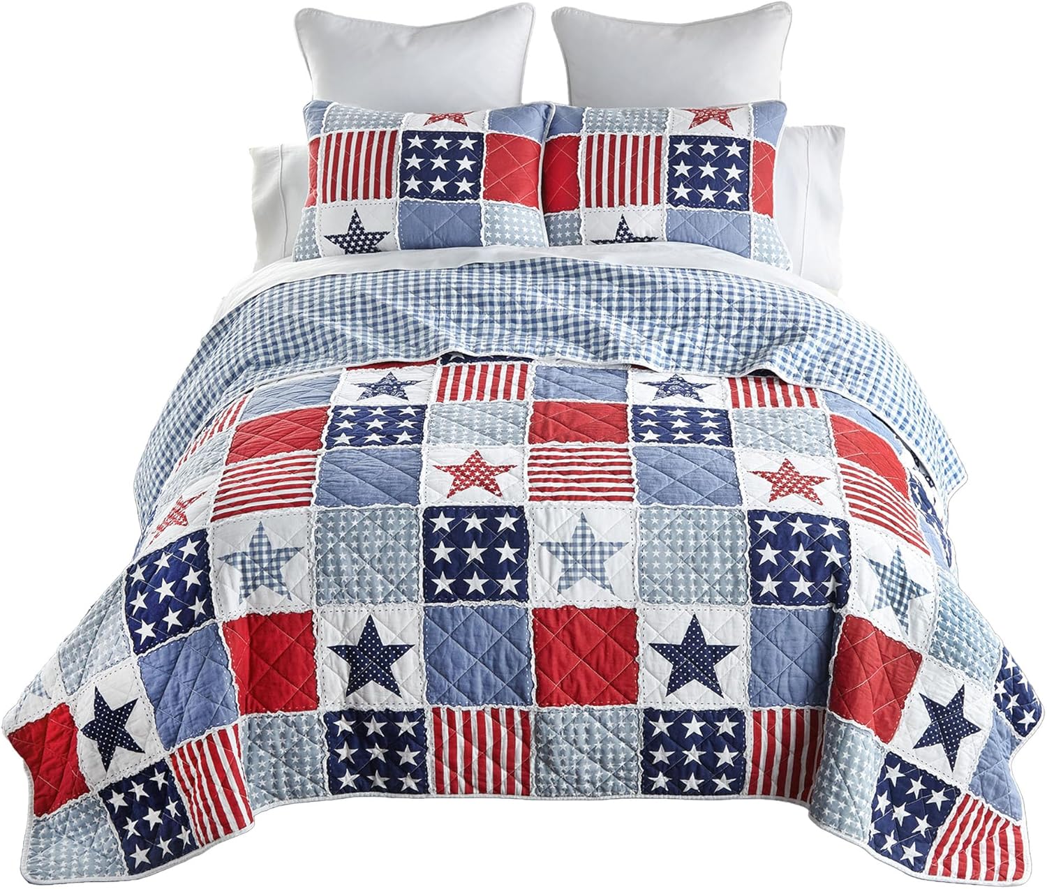 Donna Sharp Stars and Stripes Cotton Quilted Bedding Set - 3-Piece King Size Quilt Set - Includes 1 Quilt and 2 Pillow Shams - Machine Washable - Perfect for Rustic Americana Decor