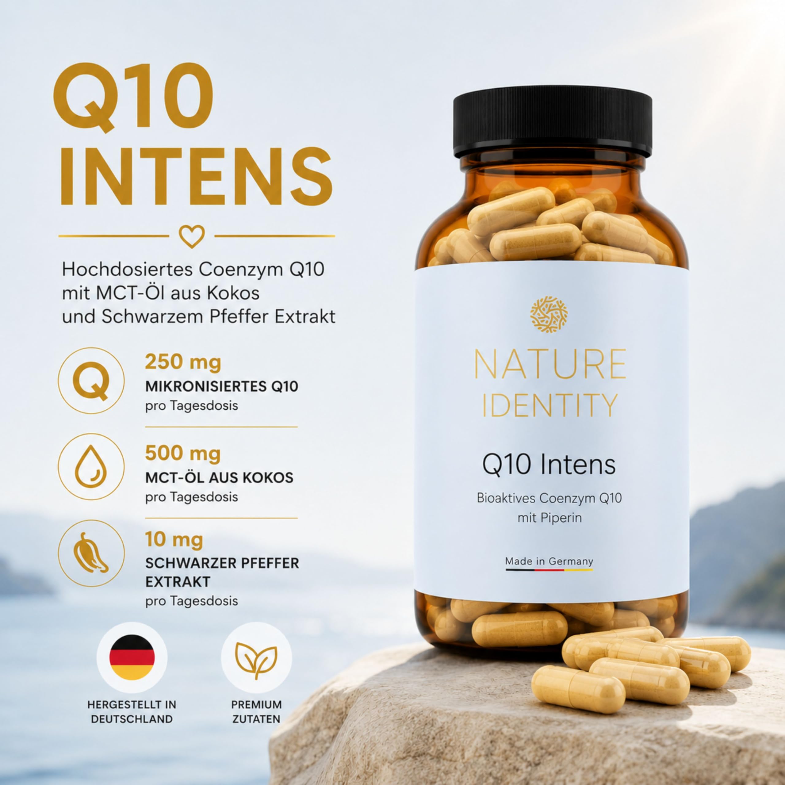 Coenzym Q10-180 Kapseln - hochdosierte 250mg pro Kapsel - Reines Premium Q10 aus pflanzlicher Quelle kombiniert mit MCT-Öl & Piperin - Made in Germany | Reines Premium Q10, Pflanzliche Quelle, Mit MCT-Öl & Piperin, Made in Germany