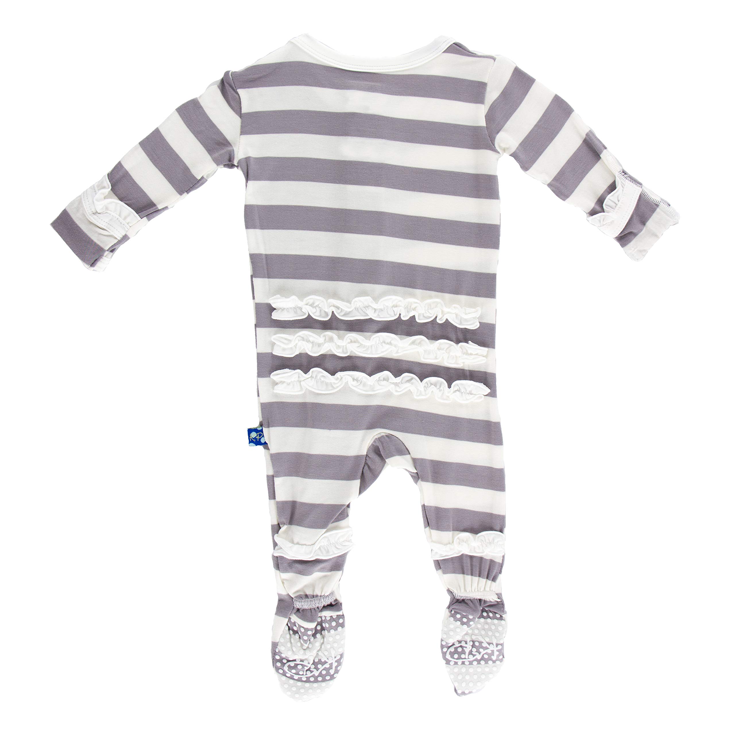 KicKee Pants Print Classic Ruffle Footie with Snaps (6-9 Months, Essentials Feather Contrast Stripe)