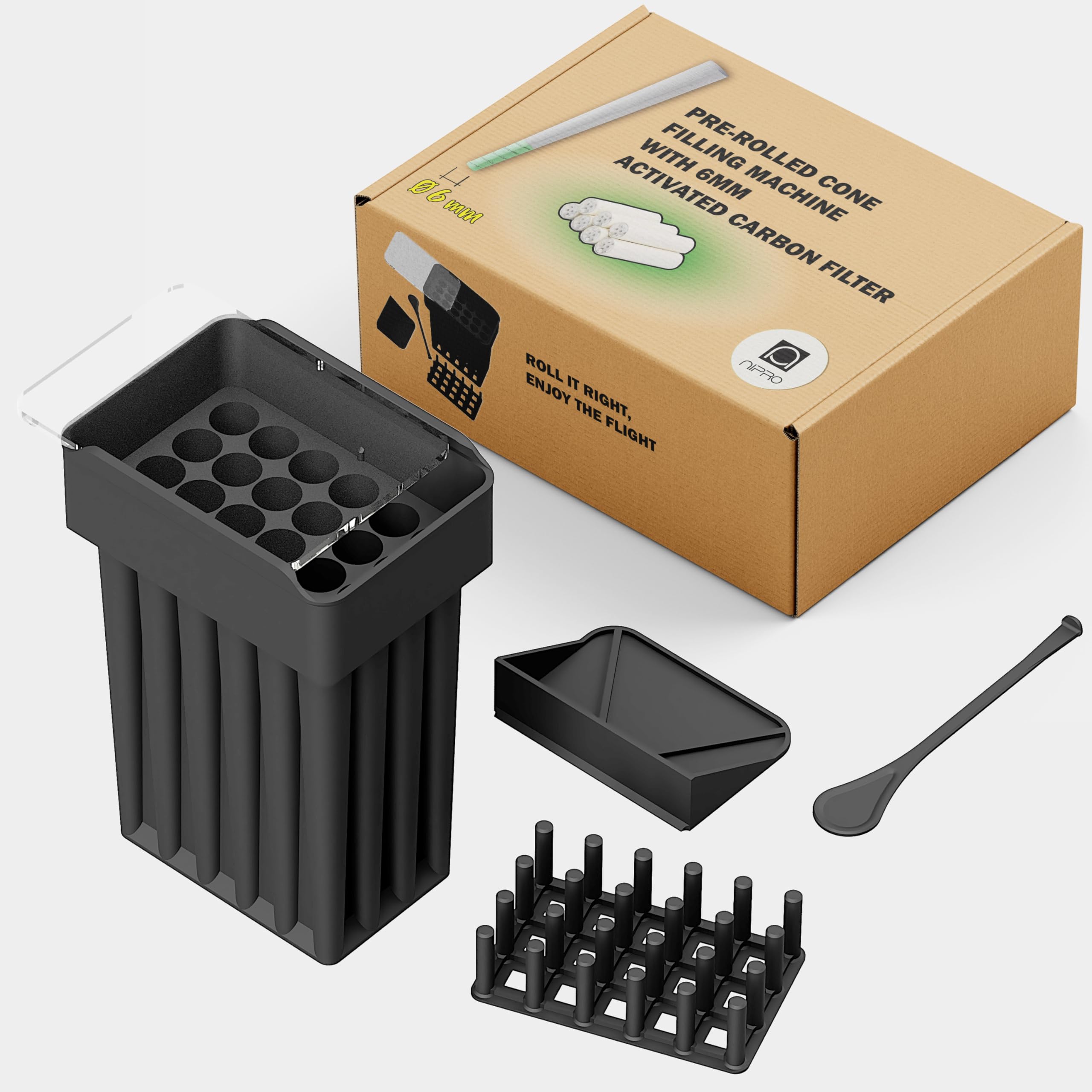 NIPRO – Maschine zum Befüllen von vorgerollten Cones (King Size) mit Aktivkohlefilter (6 mm) – Inkl. Teiler von 24 auf 12 Einheiten (schwarz)