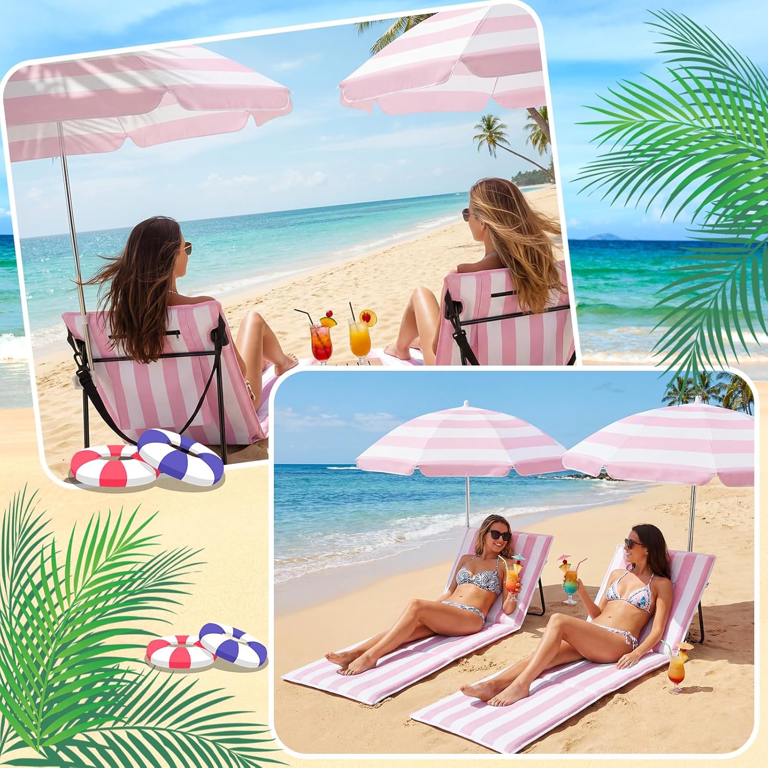 Briwooody 2 Set Beach Chairs with Umbrella Portable Beach Lounger Lightweight Foldable Outdoor Lounger Chair for Outdoor Travel Sunbathing Camping(Stripe Style,Pink,White,Large)