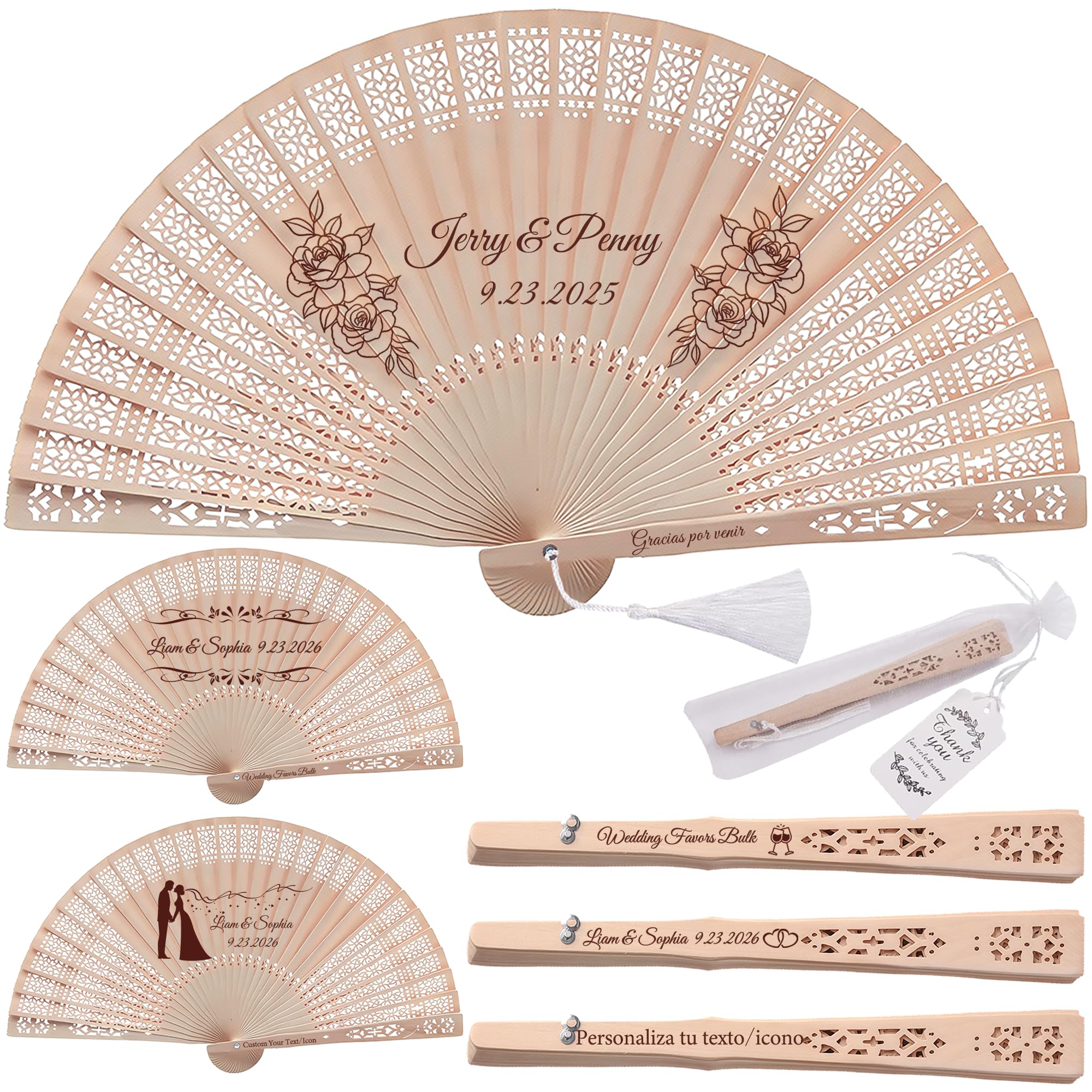 Abanicos Personalizados para Invitados de Boda, abanicos de Madera para Bodas con Texto/diseño Grabado, Paquete de abanicos Plegables con Bolsa de Organza y Borla, Eventos y decoración (20piezas)
