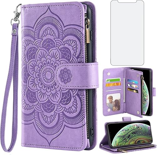 Asuwish Compatible con iPhone Xs Max Funda tipo cartera y protector de pantalla de vidrio templado, funda de piel con flor para teléfono celular