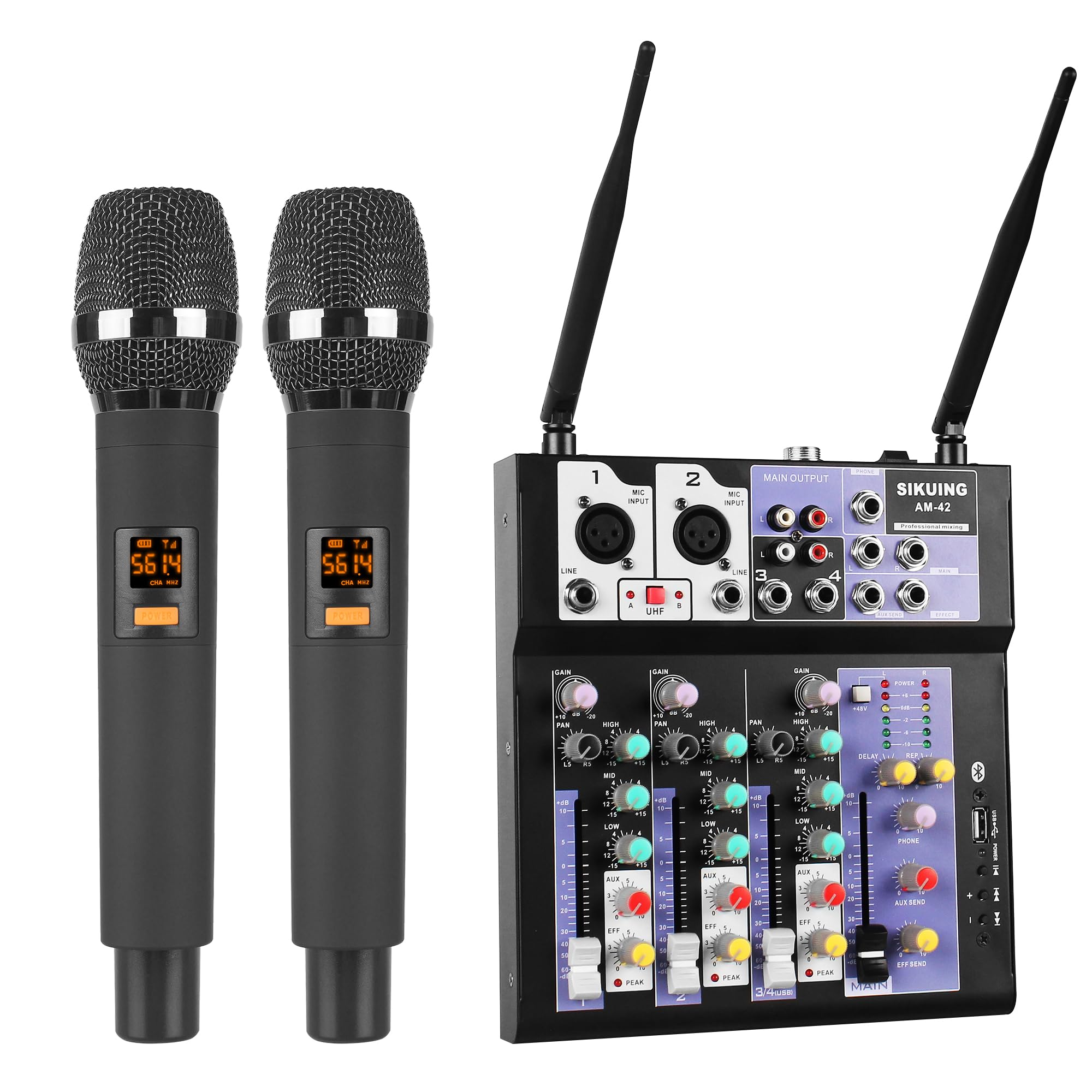 Audio-Mixer mit 2 drahtlosen Mikrofonen,4-Kanal professionelles DJ-Mischpult Soundboard mit Bluetooth/USB,48V Phantomspeisung,kompatibel mit Computer,Karaoke,Party,Meeting,Studio Aufnahme