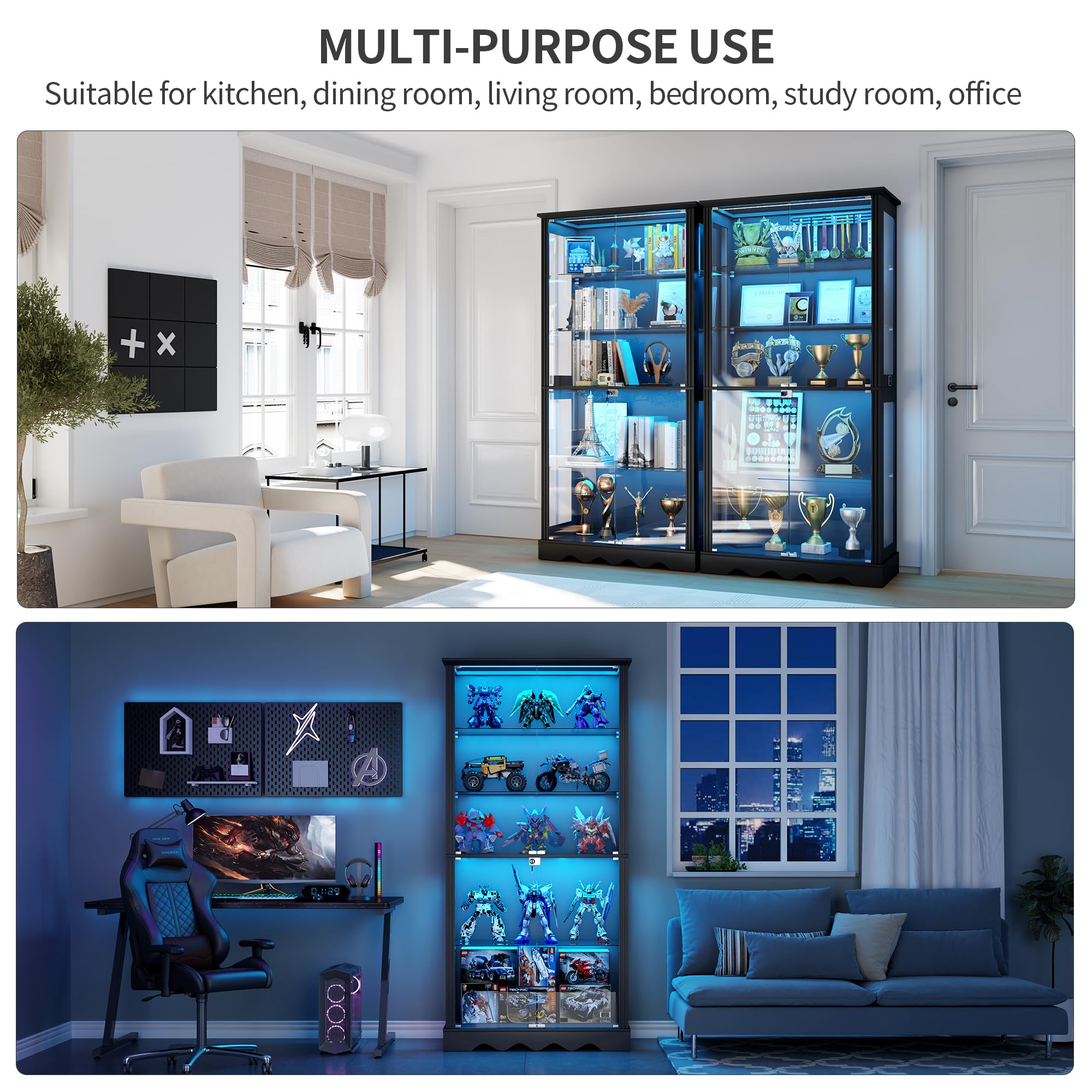 Lvifur Vitrina de cristal de 5 capas de 180 cm, con iluminación LED y puertas de cristal, color negro | Vitrina con sensor inteligente para coleccionables