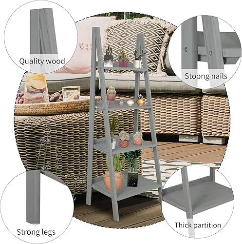 Miniatura 8 de Babion Estante de escalera de 4 niveles, estante de escalera para plantas, color marrón, estante inclinado de madera, soporte independiente para