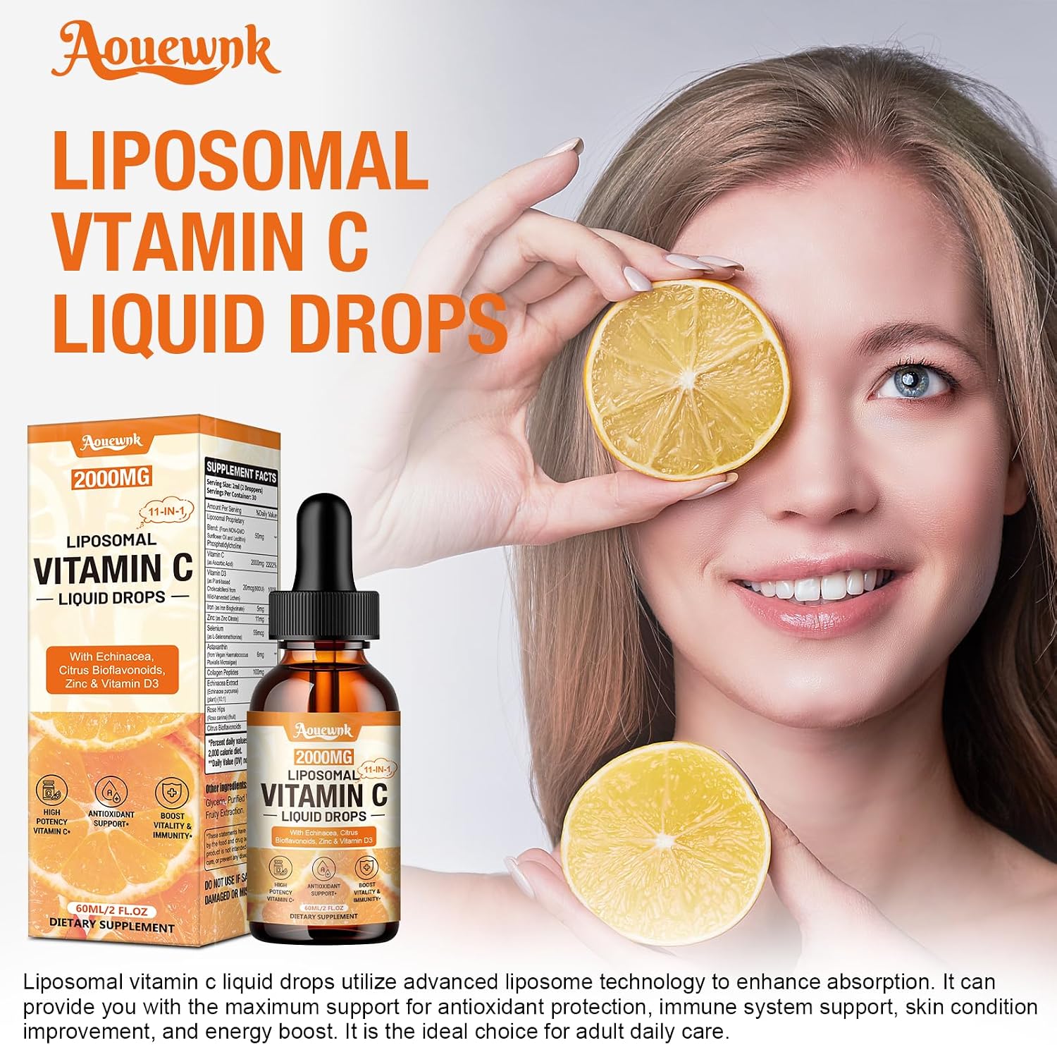 2 Packs Liposomal Vitamin C 2000mg Liquid Drops, 11-in-1 High Absorption VC Complex with Rose Hips, Echinacea, Citrus Bioflavonoids, Zinc, Vitamin D3 & Collagen, Suppost Antioxidant & Immunity,4 Fl Oz