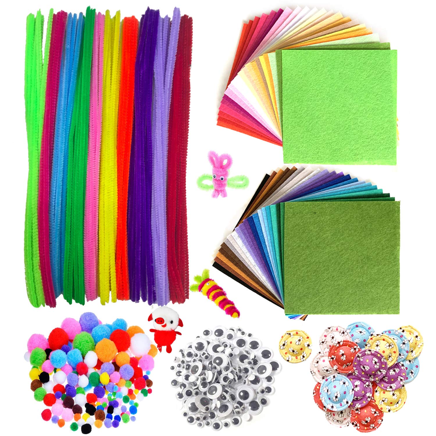 DOITEM Pipe Cleaners Googly Eye Chenille Stems and Pom Poms and Craft Sticks Non-Woven Felt Cloth Sheets for DIY Art Crafts