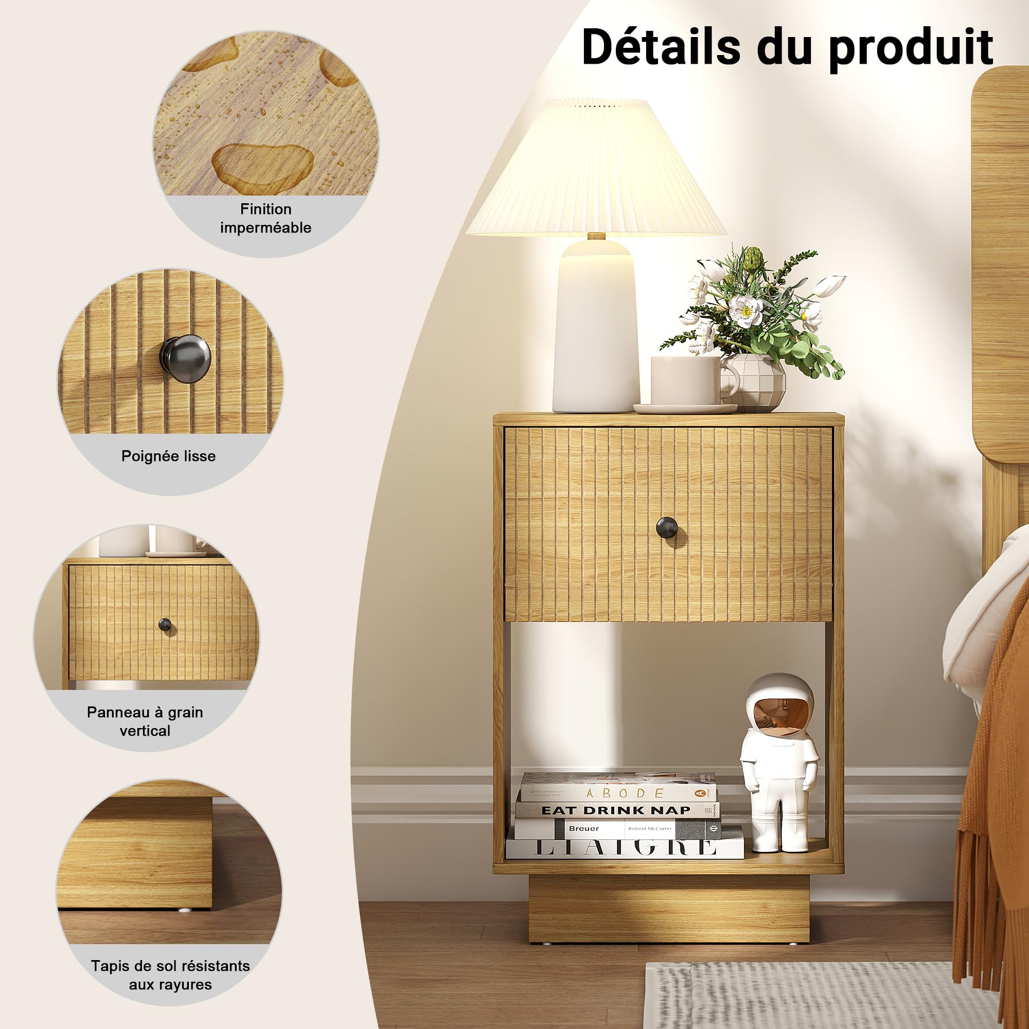 Table de Chevet, Moderne Table de Nuit Bois avec Tiroirs de Rangement et Compartiment Ouvert, Scandinave Table d'appoint pour chambre à Coucher, Salon, Burea, Petite Table de Chevet Haut (Chêne)