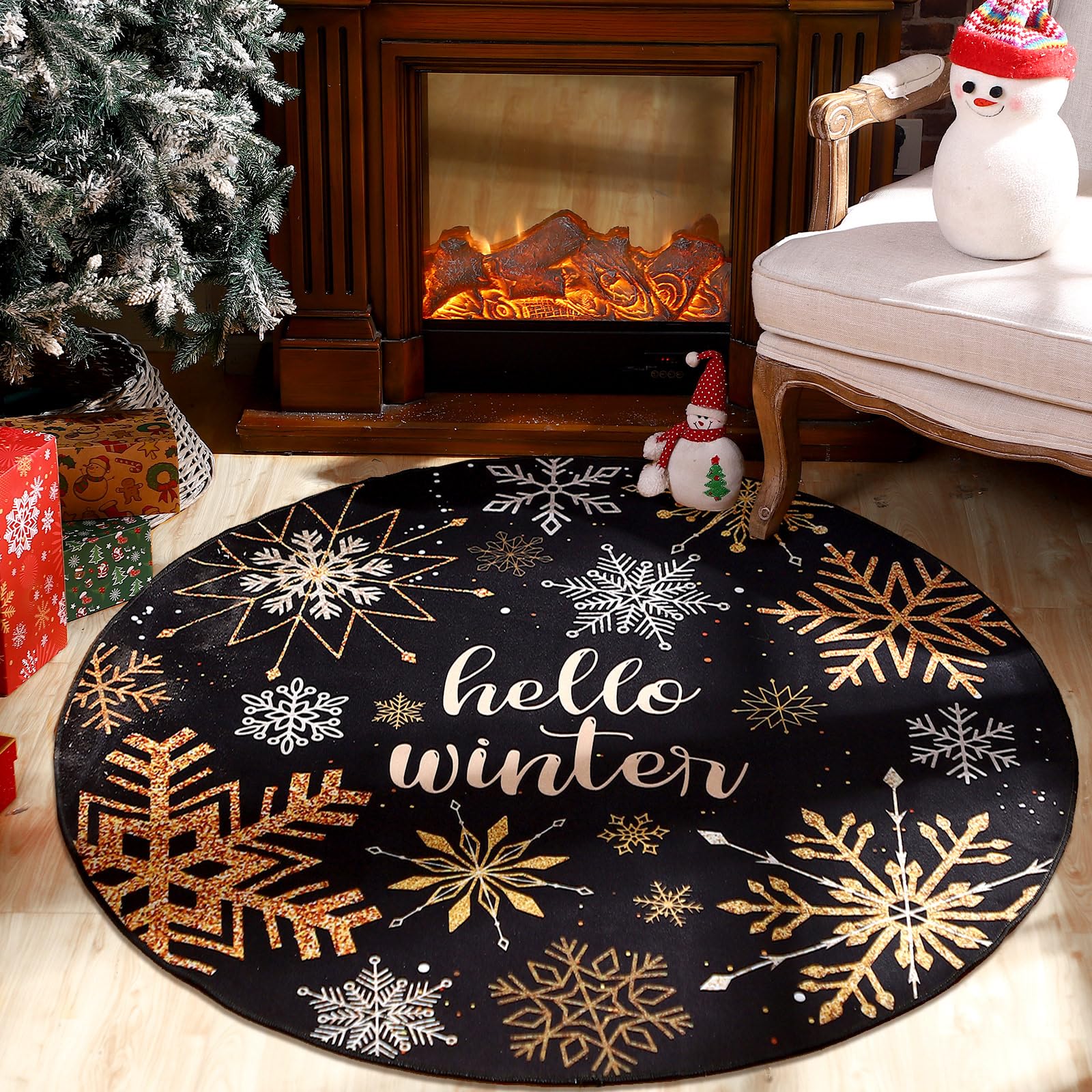 Harrycle 4ft Winter Round Snowflakes Rug Black Gold Rug Winter Entry Carpet Soft Large Snowflake Decor Carpet Winter Cute Sofa Circle Floor Carpets