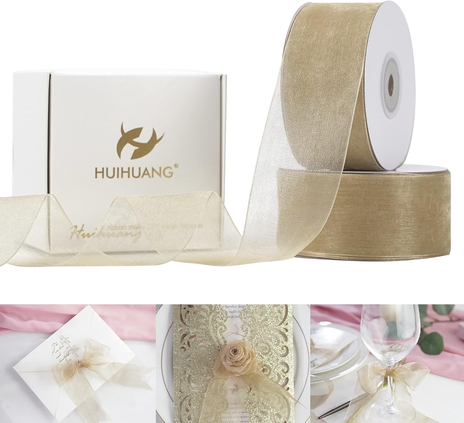 HUIHUANG 2 Rolls Shimmer Sheer Organza Ribbon 1-1/2 Inch Champagne Chiffon Fabric Ribbon for Wedding Gift Wrapping Floral Bouquet Baby Shower All Types of Crafts - 50 Yards Each Roll