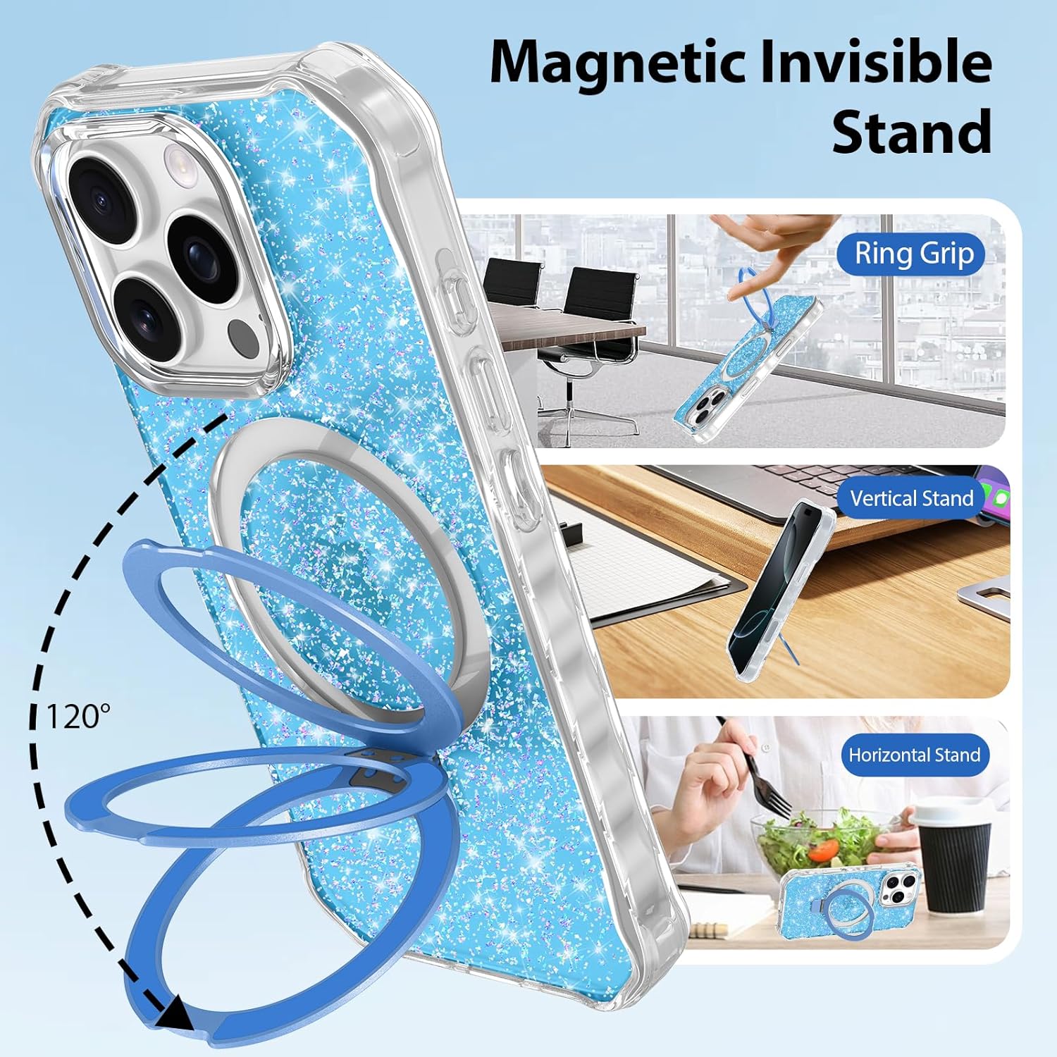 Magnetic for iPhone 16 Pro Case with Invisible Stand, Compatible with MagSafe, Clear Bling Sparkle Shockproof Slim Anti-Slip Military Drop Protection Hard Phone Case 6.1" Glitter Blue