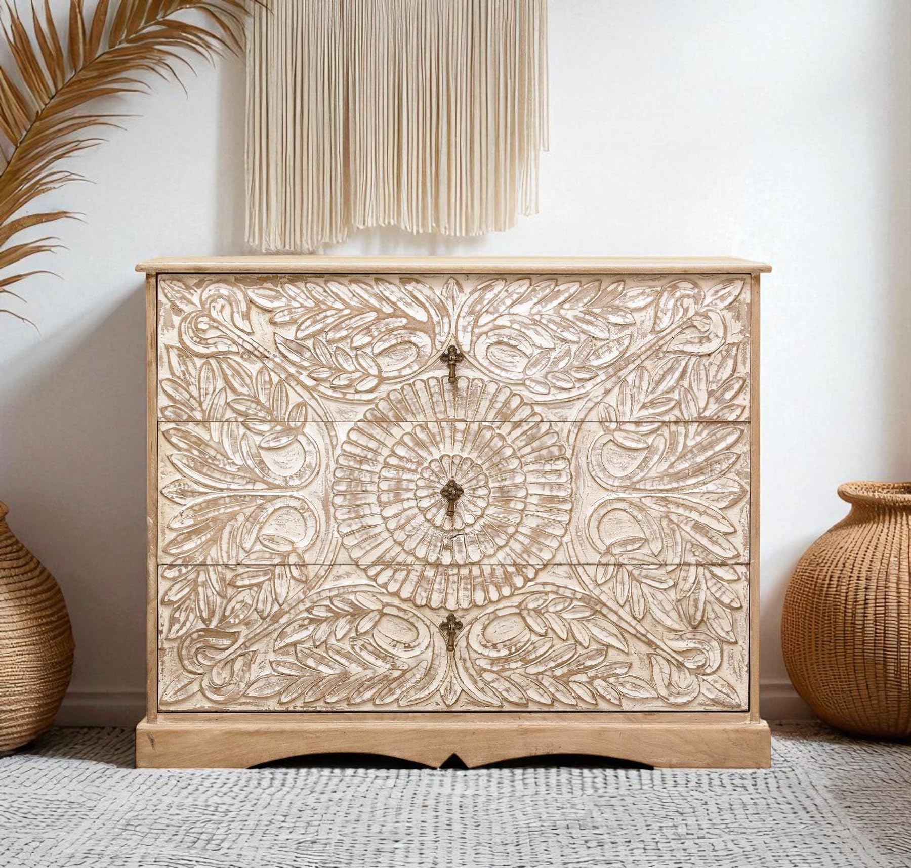 The Attic Jodhpur Drawer Chest, Kitchen and Living Room Storage, Solid Wood, Natural + White Matte Finish