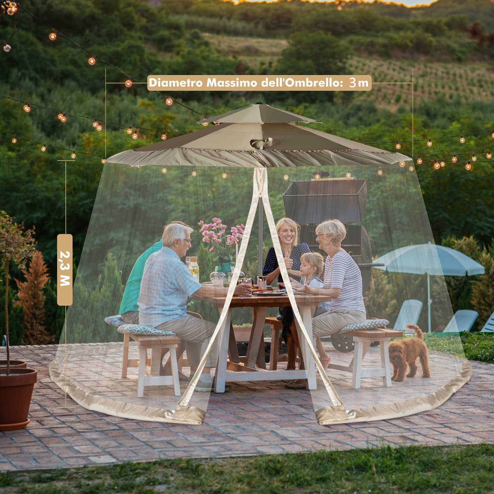 RELAX4LIFE Zanzariera per Ombrellone e Gazebo, Zanzariera con Porta con Cerniera e Tubo in PVC, Zanzariera Ingrandita per Ombrellone da Giardino da 400 x 400 x 230 CM (Bianco)