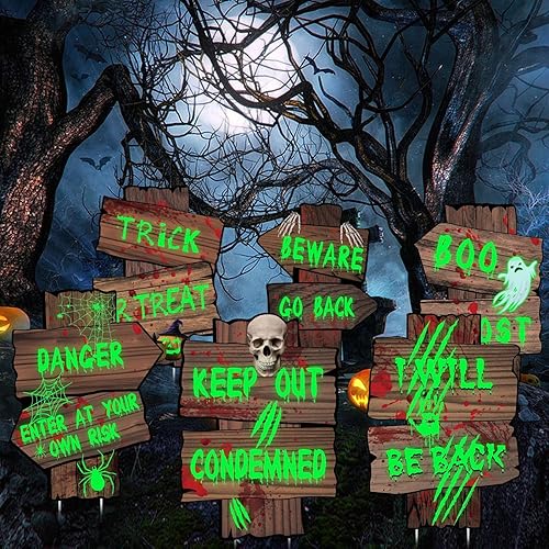Decoraciones de Halloween con texto en inglés Beware Yard Sign para exteriores, 6 piezas de letrero de advertencia que brilla en la oscuridad, disponible en Yaxa Peru