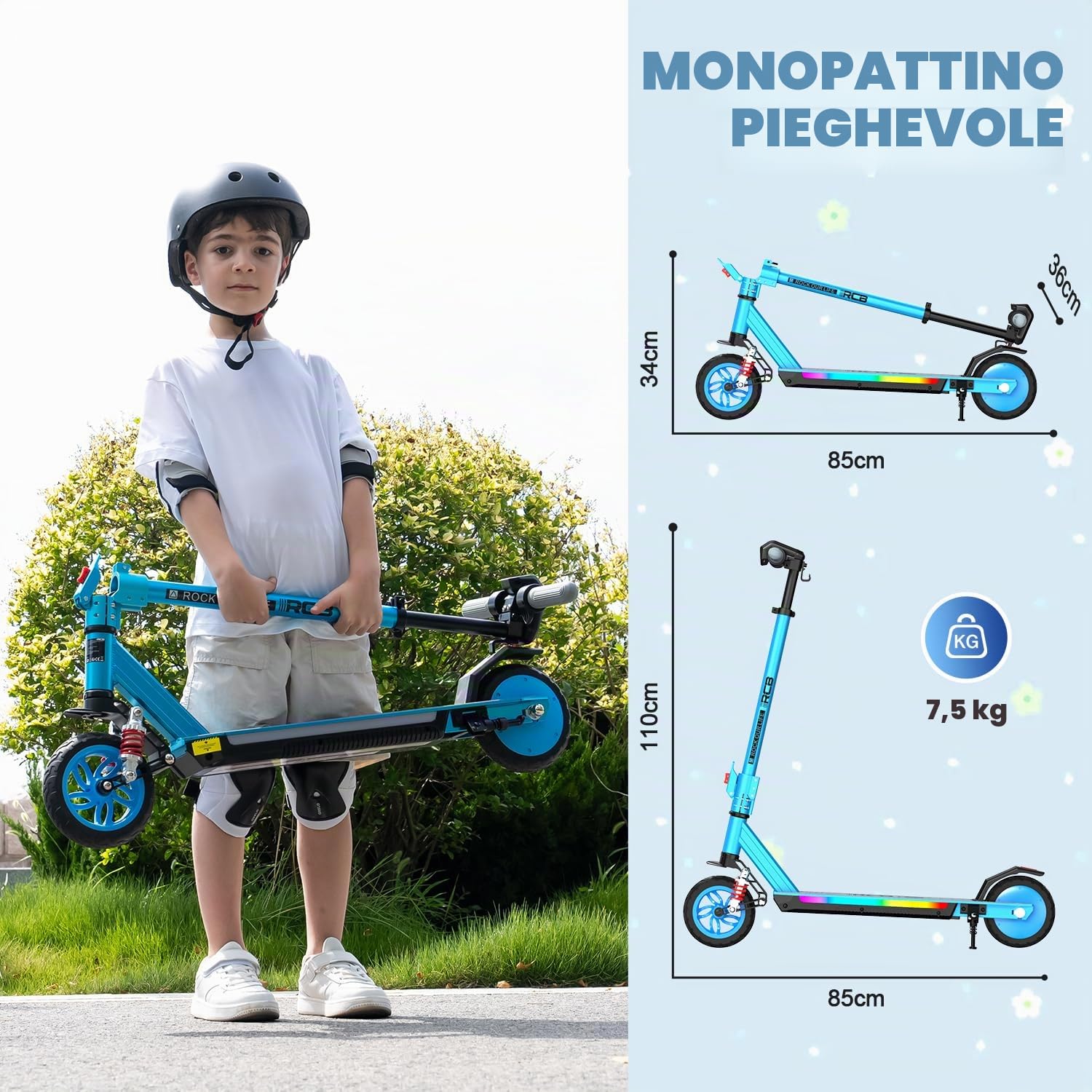 RCB R12 MAX Monopattino Elettrico per Bambini 6-12 Anni, Max 18Km/h & 15 km, Sospensione,Manubrio Regolabile, Luce Arcobaleno, 7" Pieghevole E-Scooter,Display a LED, Regalo per Bambini