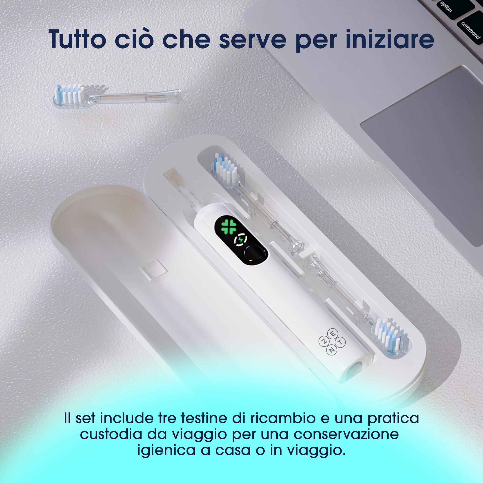 ZENT Spazzolino elettrico sonico 2in1, Spazzolino elettrico oscillante rotante, Pulizia denti automatica, 4 modalità di funzionamento, Impermeabilità IPX7, Copri da viaggio Cavo USB-C incuso, BIanco