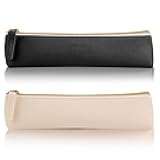 2 Pcs PU Leather Small Pencil Pouch, Small Pen Pencil Stationery Pouch Bag Slim Design Zipper Pencil Pouch for Pens, Pencils, Markers(Black&Beige)