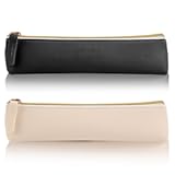 2 Pcs PU Leather Small Pencil Pouch&comma; Small Pen Pencil Stationery Pouch Bag Slim Design Zipper Pencil Pouch for Pens&comma; Pencils&comma; Markers&lpar;Black&Beige&rpar;