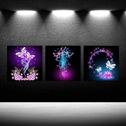 Miniatura 2 de iKNOW FOTO Juego de 3 lienzos abstractos de mariposas moradas para pared, pintura de flores sobre lienzo, obras de arte contemporáneas para