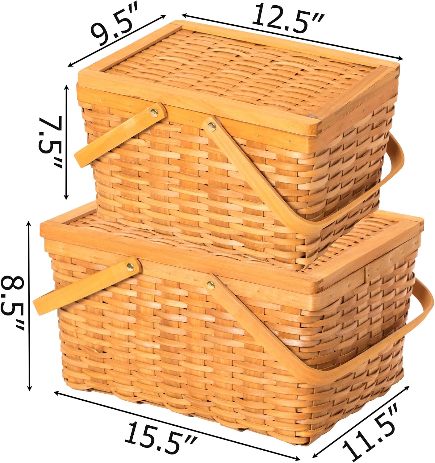 Woodchip Wicker Picnic Basket Set for 2 with Lid, Movable Handles, Vintage Picnic Basket for Couples, Family, Kids, Storage Canasta de Picnic, Set of 2