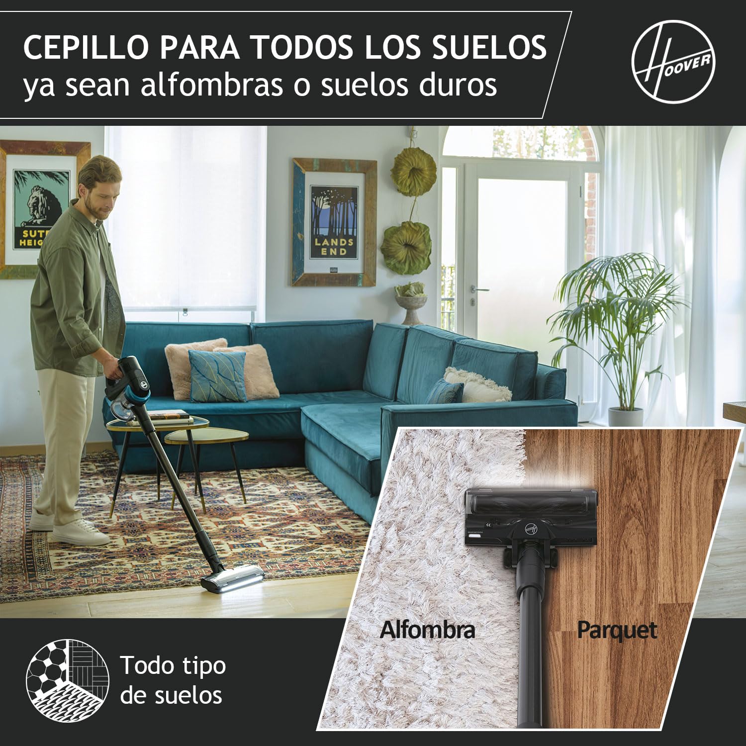 Hoover Aspiradora Escoba Sin Cable para Mascotas, Maniobrable 360 Grados para Todo Tipo de Suelos, Cepillo Anti-Enredos con Luces LED [HF4]