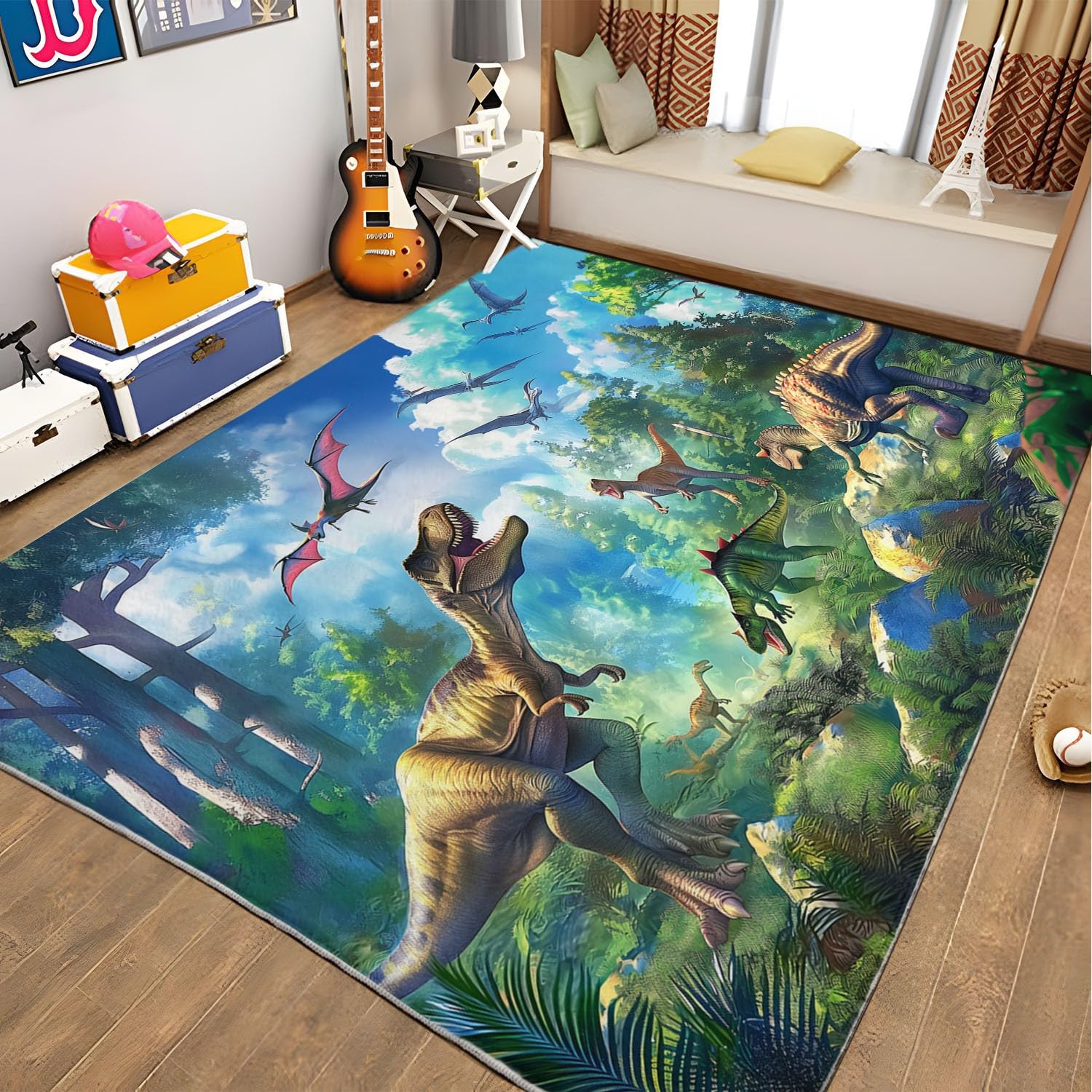 Grüner Dinosaurier Wald Teppich 80x150 cm für Wohnzimmer & Schlafzimmer, Waschbar in Waschmaschine, Weicher Kurzflor Teppich für Kinderzimmer
