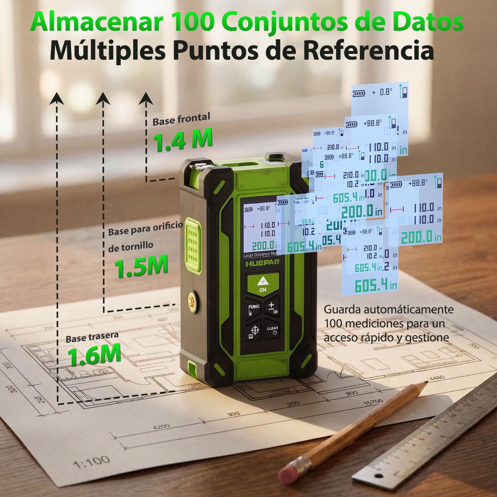 Huepar TLM60 Medidor Láser 4 en 1 con Cinta Métrica Digital y Nivel Láser Verde, Distancia hasta 60m, 9 Modos de Medición, Pantalla Doble LCD, Memoria 100 Datos, Alta Precisión para Construcción y DIY