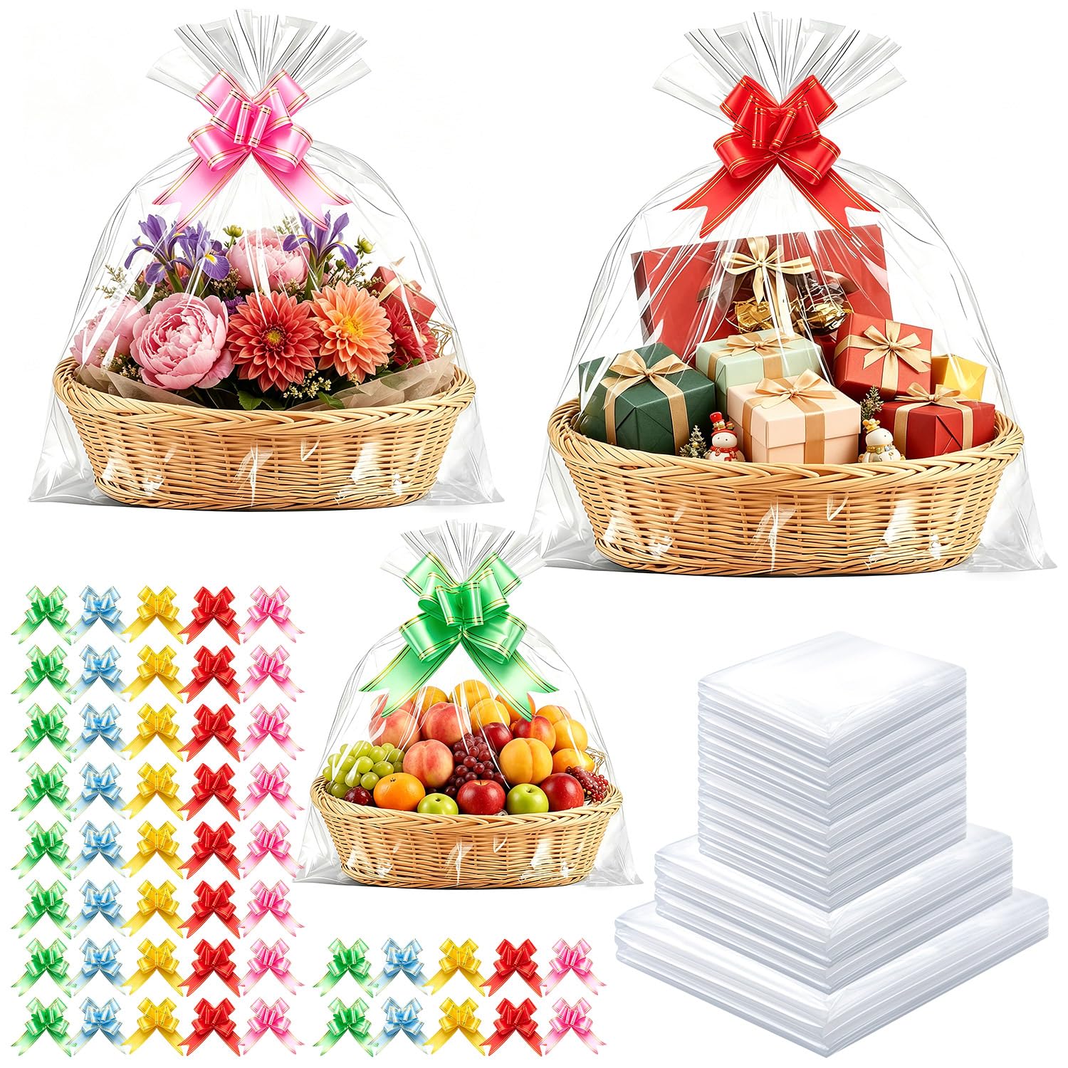 Photo 1 of 100Pcs Shrink Wrap Bags for Gift Baskets, Large Clear Plastic Heat Shrink Cellophane Bags with 5Color Pull Bows for Halloween Easter Valentine's Day Mother's Day? 20"X 28", 16"X 24", 14"X 20"?