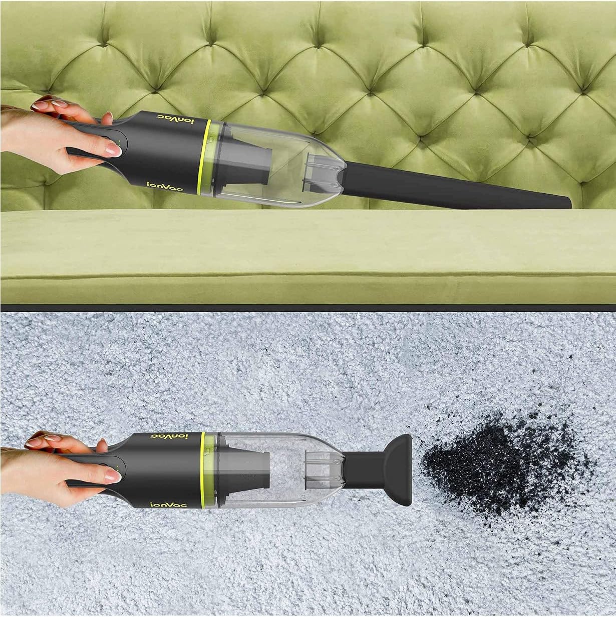 Tzumi 7441 Portable Vacuum Green cleaning a sofa and carpet