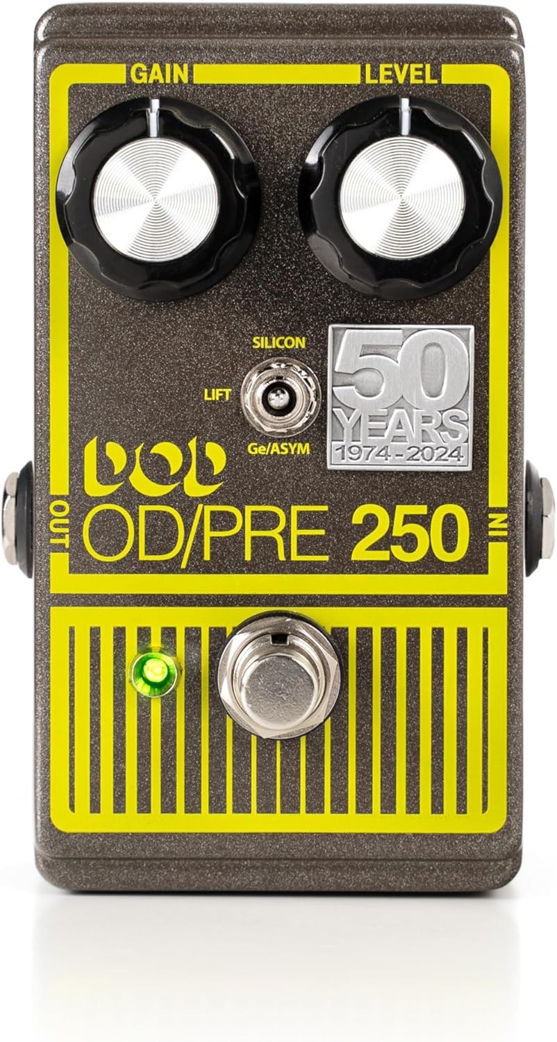 Quddiem view of the DOD-250-50TH Overdrive Preamp pedal, showing the Gain and Level knobs, the 3-position toggle switch, the footswitch, and the LED indicator.