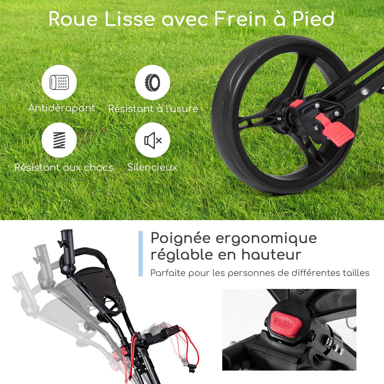 COSTWAY Chariot de Golf 3 Roues Pliable Noiravec Porte-Parapluie et Porte-Tee en Aluminium Frein au Pied et Poignée Rembourrée Ajustable