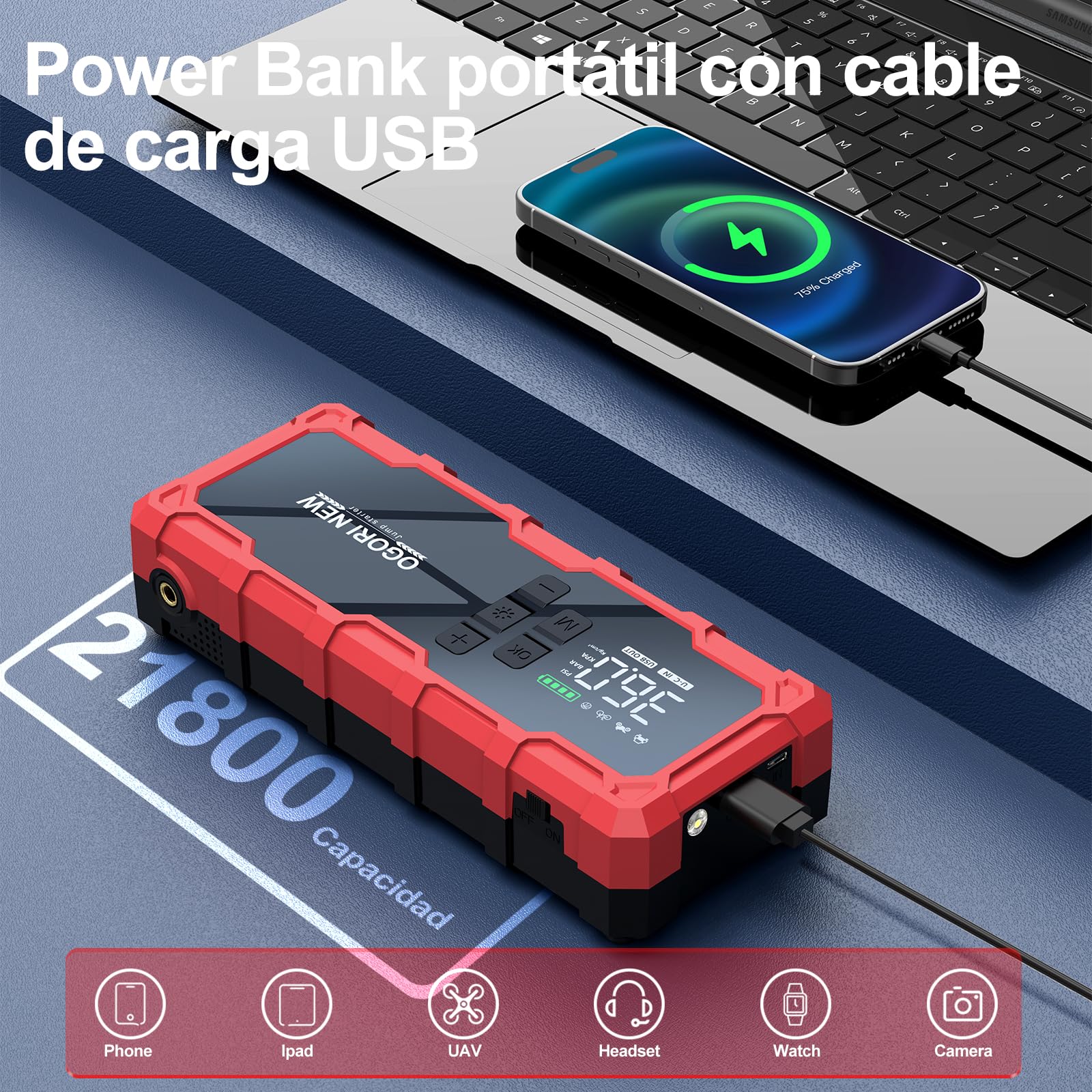 Arrancador de Baterias de Coche 7000A,Compresor Aire portatil 150 PSI,Arrancador de Coche 12V(para 10L de Gasolina o 8L de Diésel) con Pinzas de Seguridad Inteligentes y luz LED