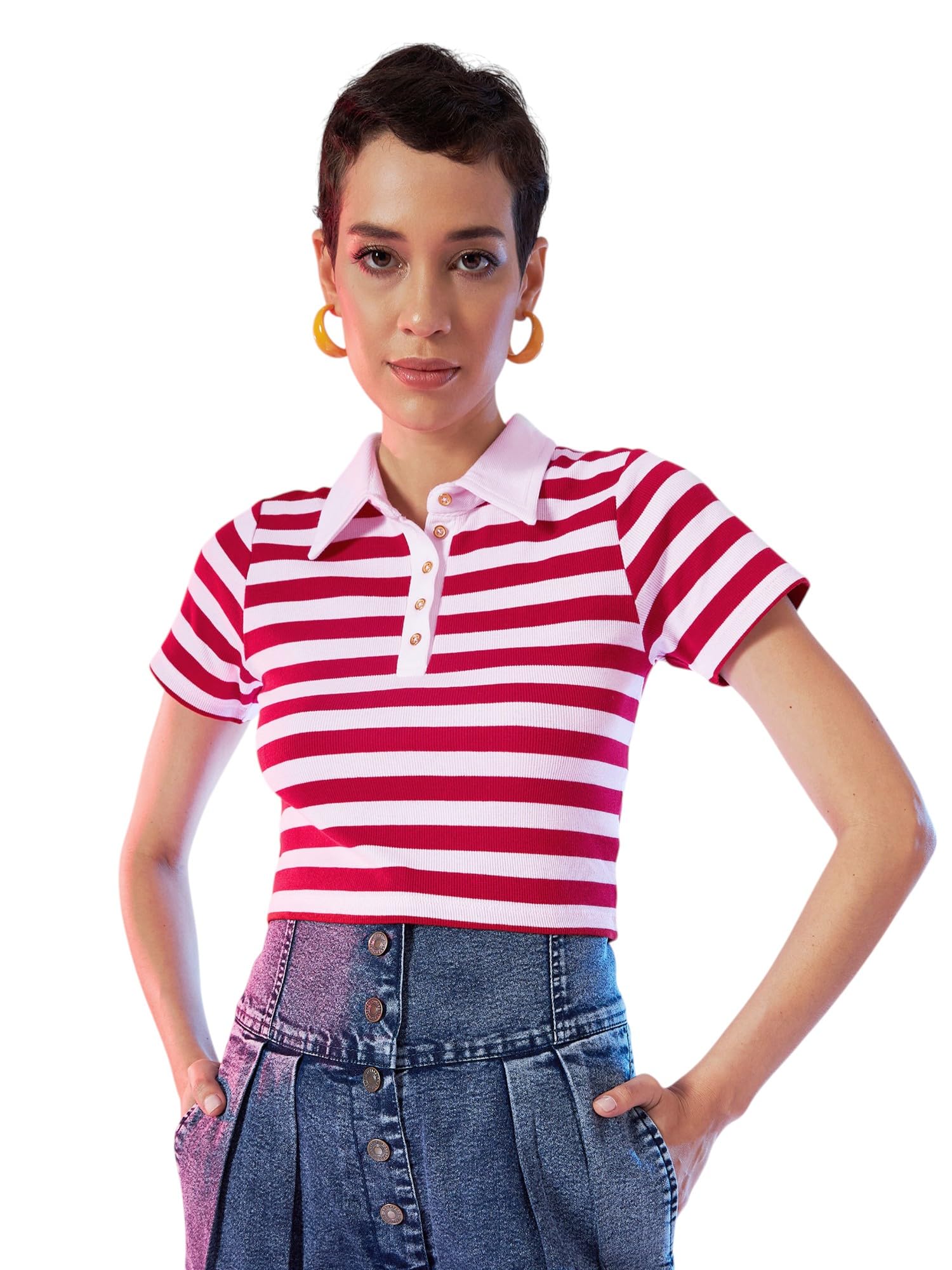 Red & Pink Stripes Crop Polo T-Shirt-image-17