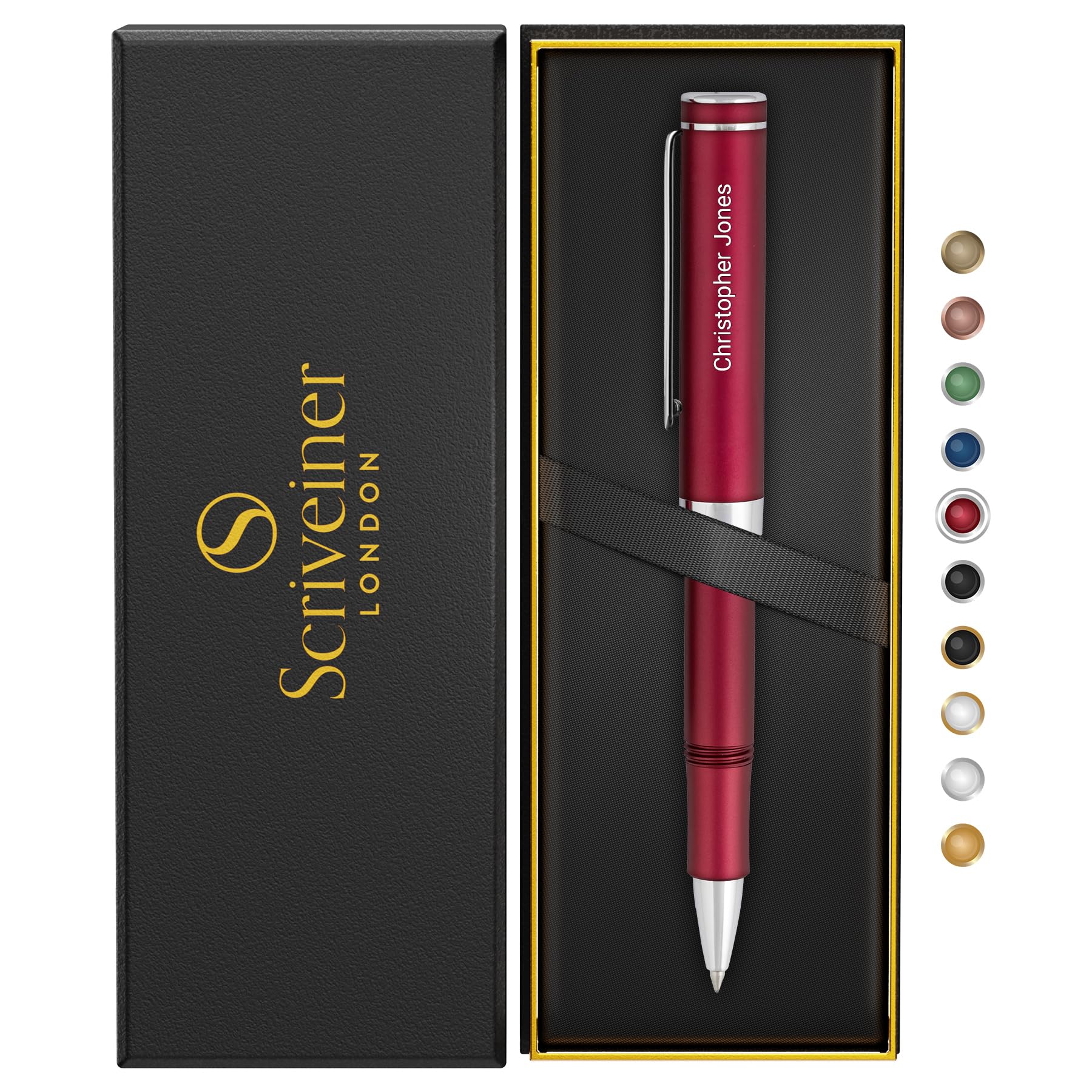 Scriveiner Personalised Red Rollerball EDC Pen, Chrome Finish, Cool Writing Pen for Men & Women, Custom Engraved