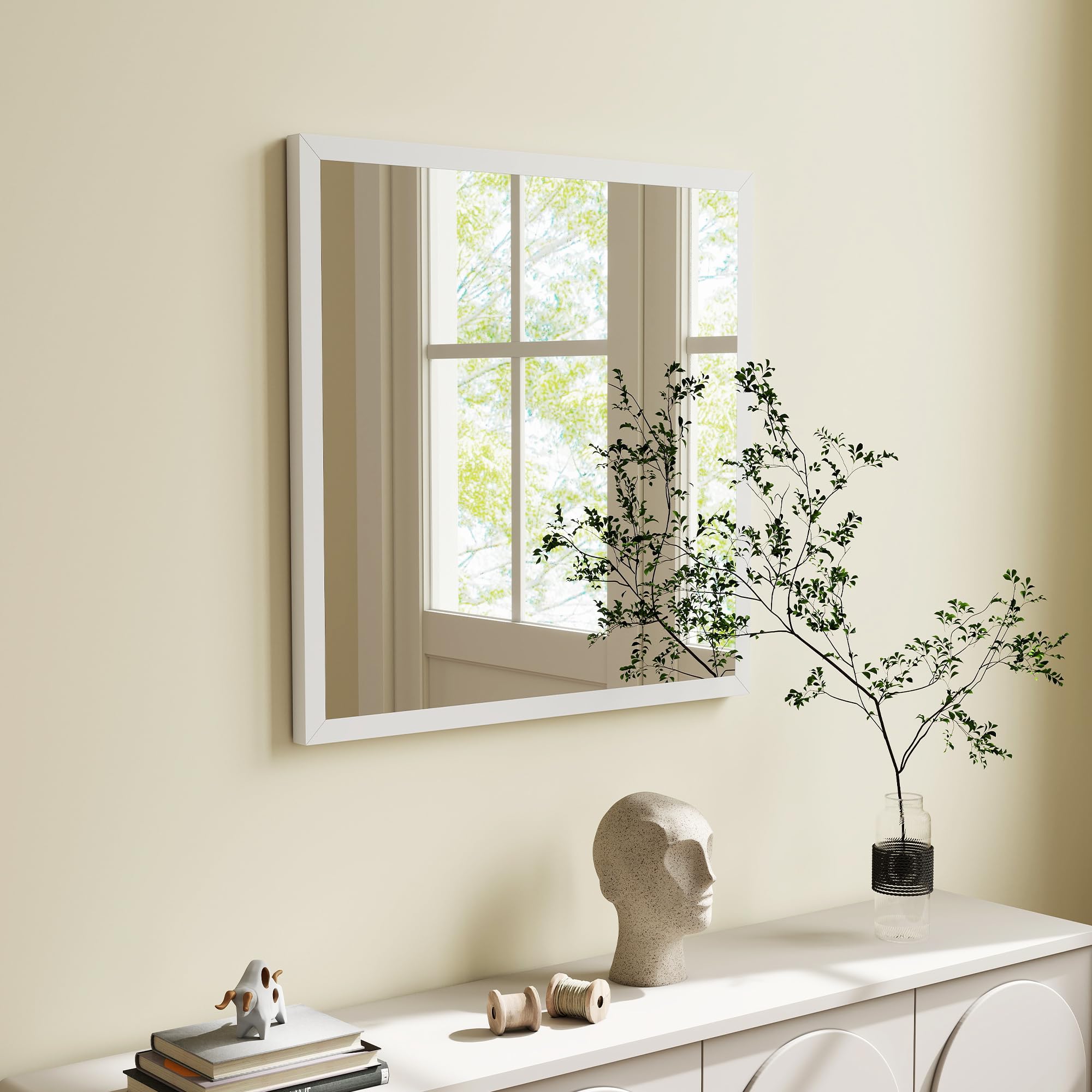 HOMCOM Espejo de Pared Cuadrado 50x50 cm Marco de Madera Blanco | Ideal para baño, sala de estar, dormitorio
