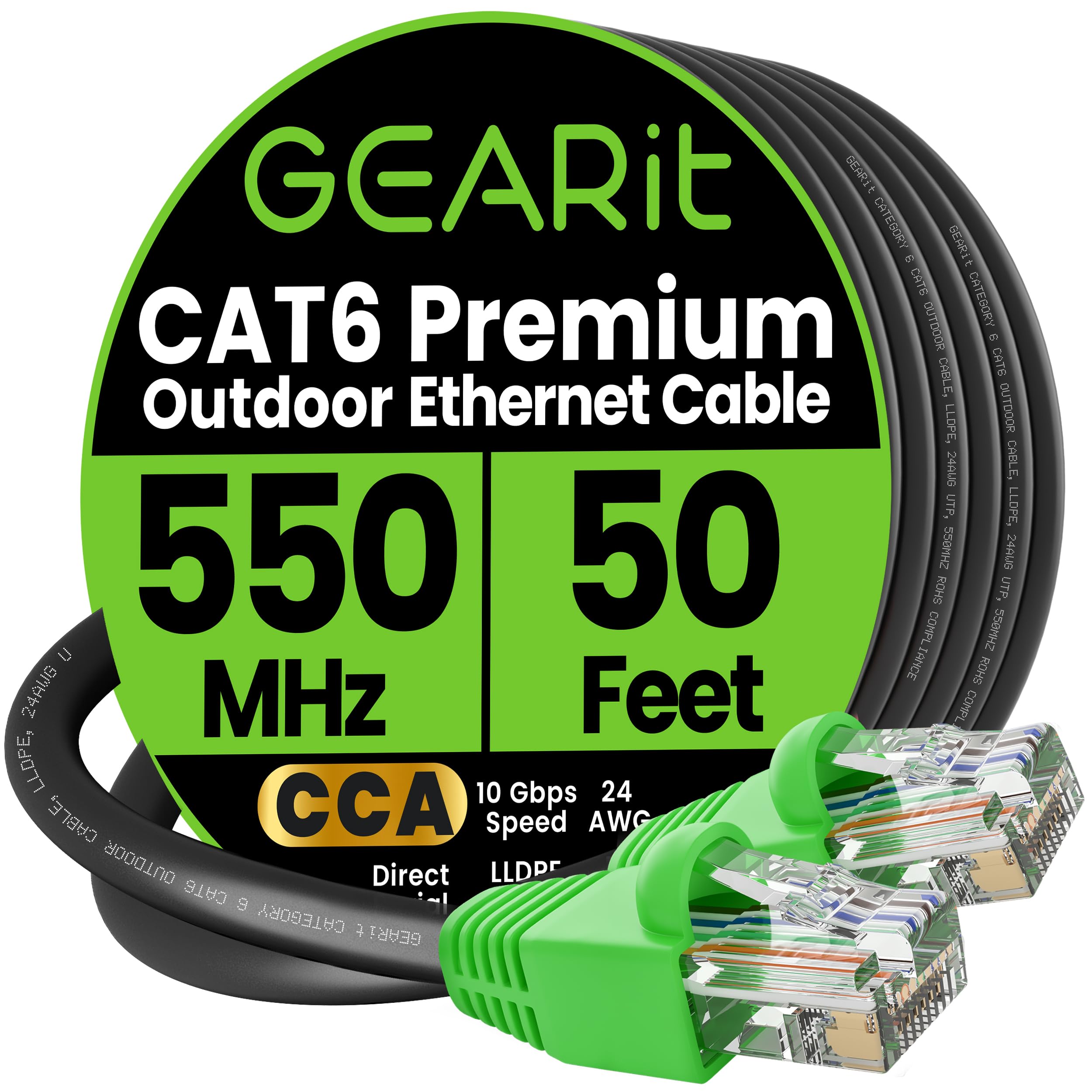 RJ45 Cat-6 Ethernet Patch Cable, 10Gpbs Transfer Speed, Gold-Plated Connectors, Copper Clad, Outdoor, UV Resistant, Direct Burial, Waterproof, Durable, 50 Foot (15.2 Meters), Black