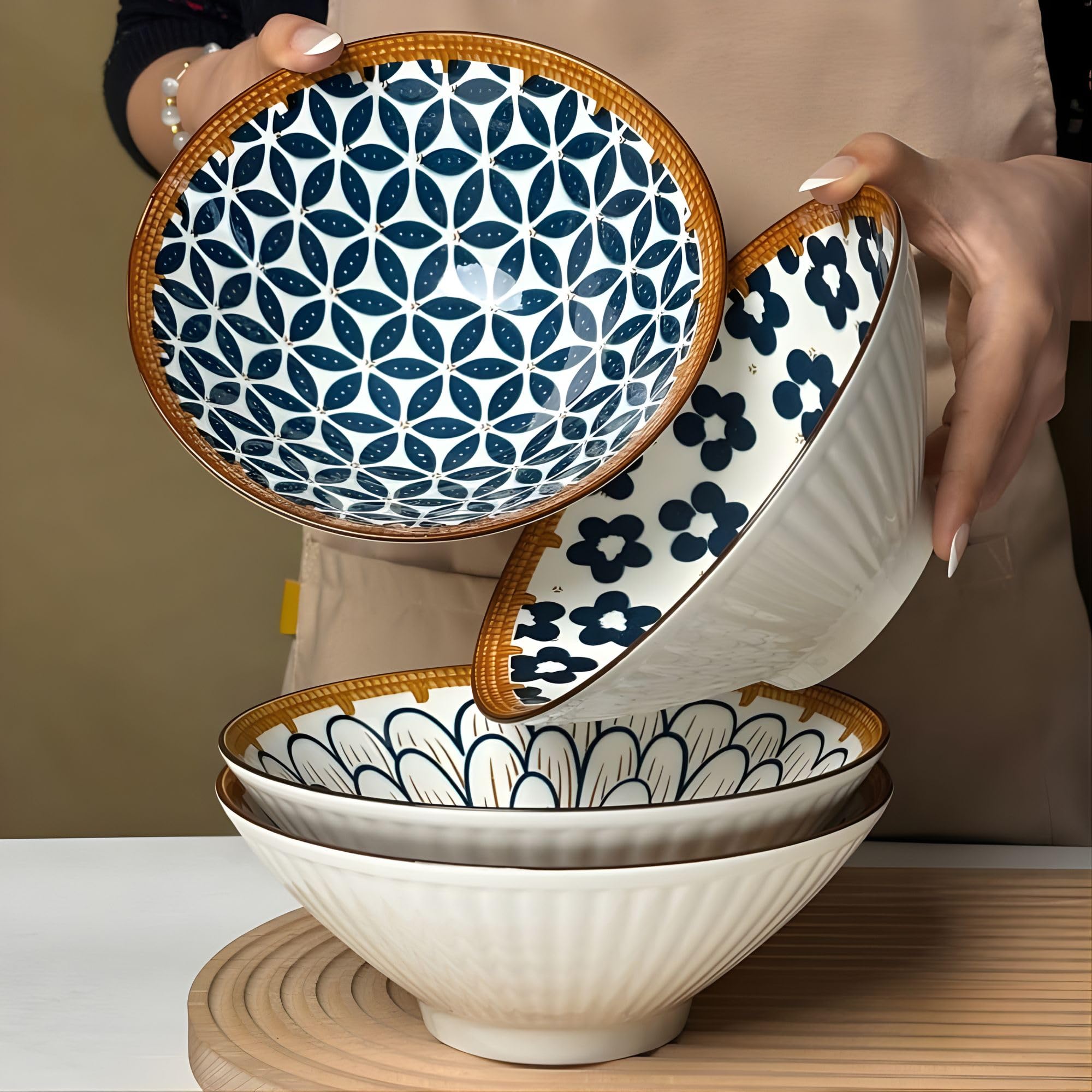 Set of 4 Artisan Ceramic Serving Bowls - 8” Decorative Pasta & Salad Bowls Unique Hand-Painted Blue & White Patterns, Premium Stackable Dinnerware for Home & Kitchen Gifting (Random)-picture-12